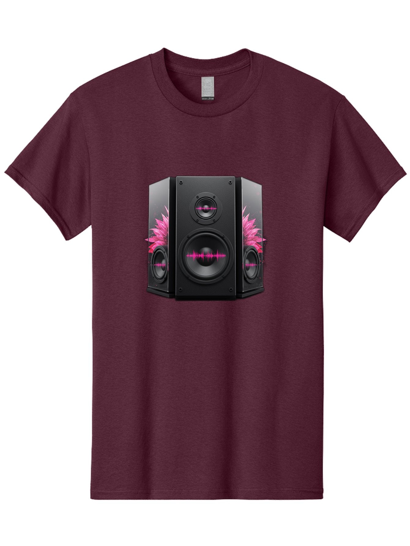 Speakers-With-Pink-Sound-Waves Men'S Graphic Tee, 100% Cotton, Comfortable Casual Summer Wear, Machine Washable, High-Quality Sound Systems, Sleek Designs, Speaker Customization, Vibrant Pink Graphics, Music Technology, Sound Waves Bad678 9