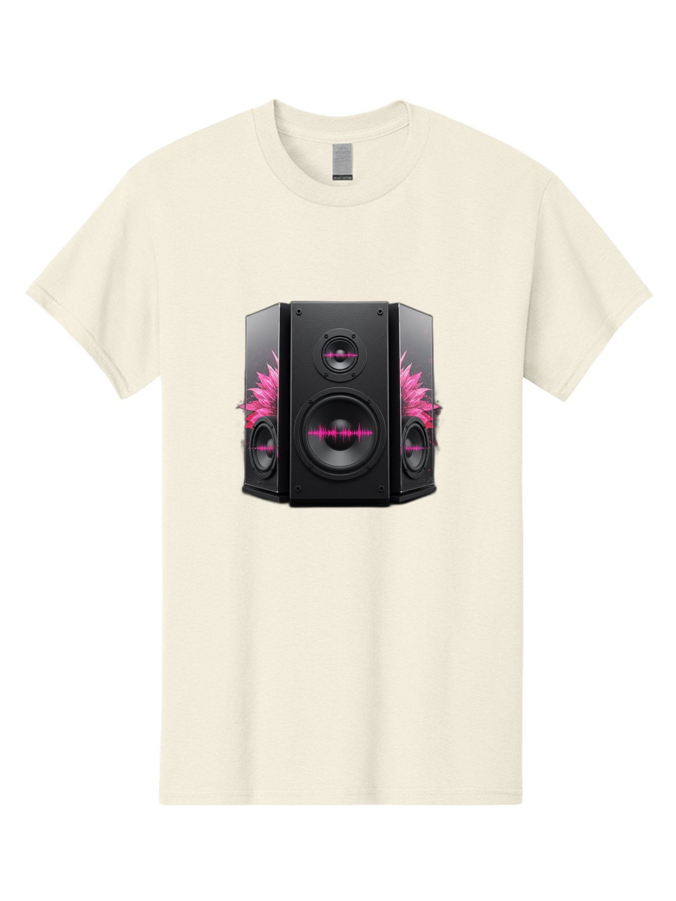 Speakers-With-Pink-Sound-Waves Men'S Graphic Tee, 100% Cotton, Comfortable Casual Summer Wear, Machine Washable, High-Quality Sound Systems, Sleek Designs, Speaker Customization, Vibrant Pink Graphics, Music Technology, Sound Waves Bad678 5