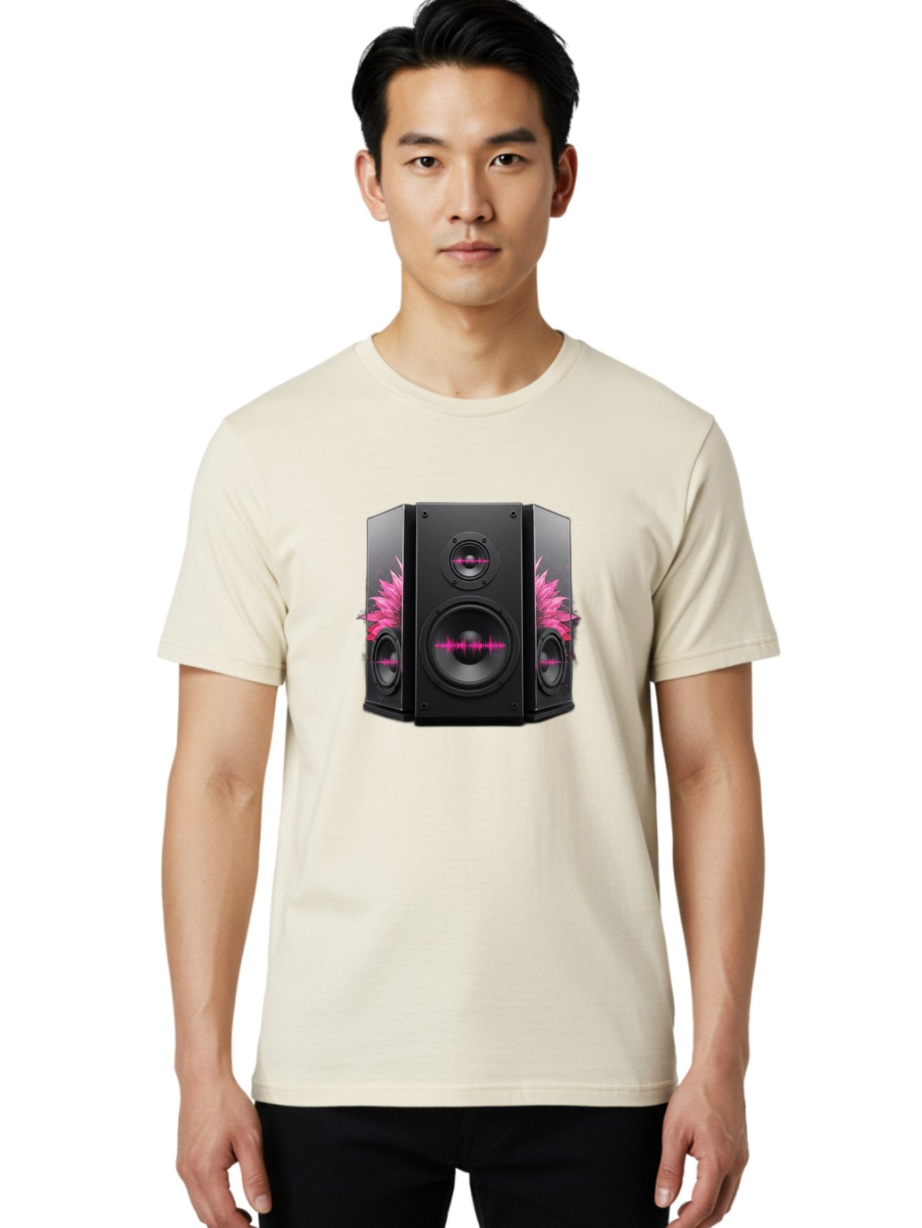 Speakers-With-Pink-Sound-Waves Men'S Graphic Tee, 100% Cotton, Comfortable Casual Summer Wear, Machine Washable, High-Quality Sound Systems, Sleek Designs, Speaker Customization, Vibrant Pink Graphics, Music Technology, Sound Waves Bad678 23