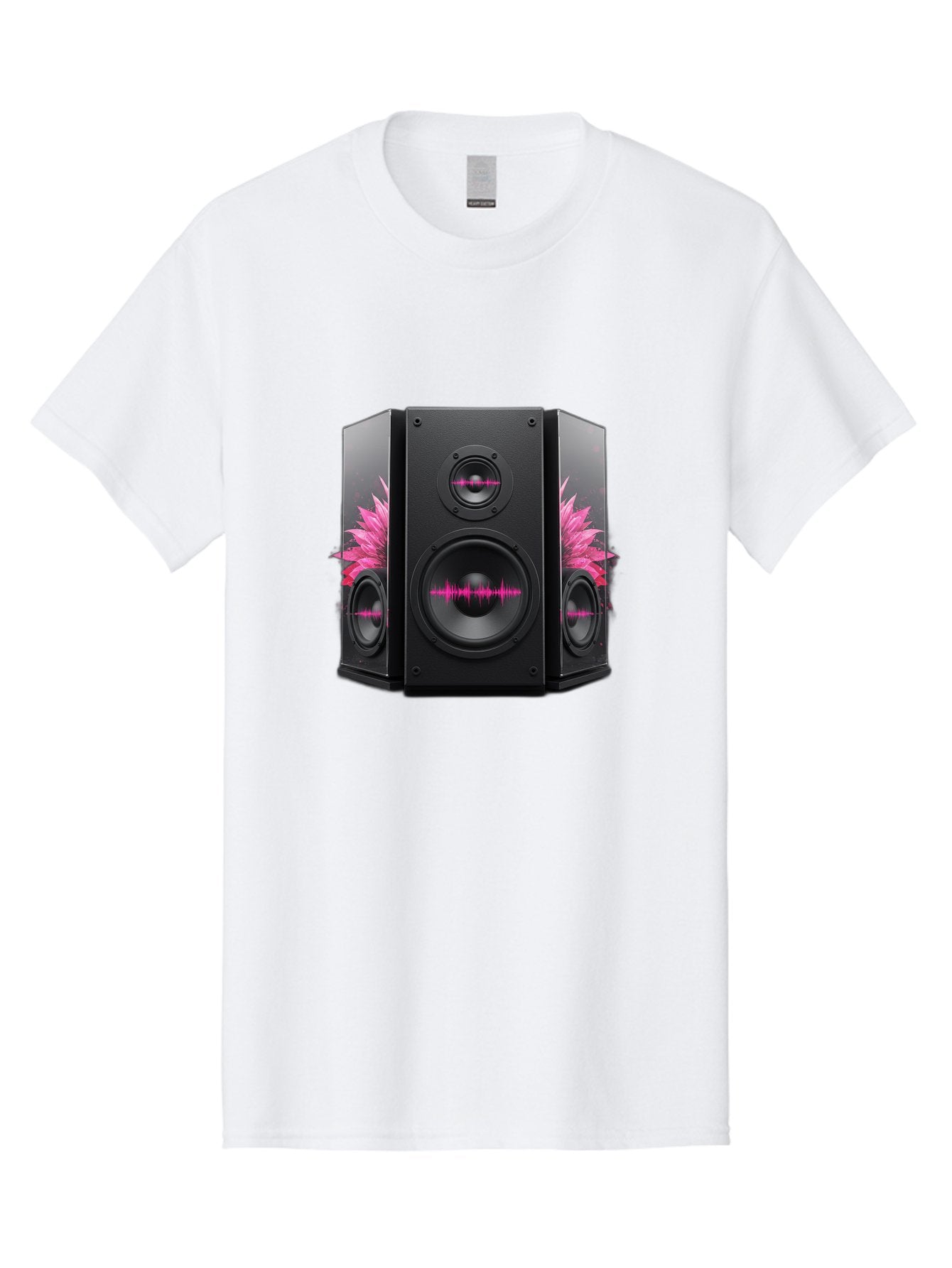 Speakers-With-Pink-Sound-Waves Men'S Graphic Tee, 100% Cotton, Comfortable Casual Summer Wear, Machine Washable, High-Quality Sound Systems, Sleek Designs, Speaker Customization, Vibrant Pink Graphics, Music Technology, Sound Waves Bad678 10