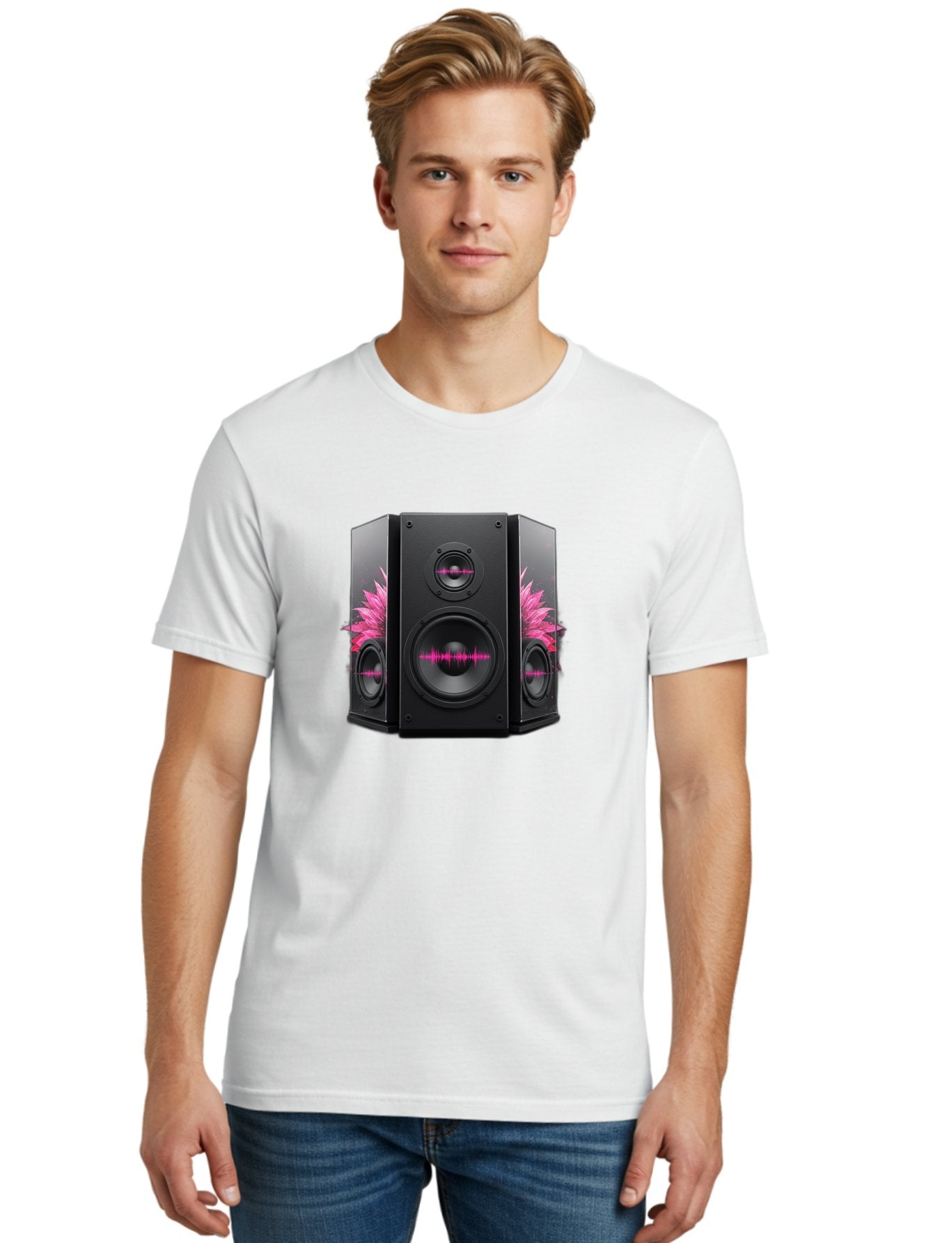 Speakers-With-Pink-Sound-Waves Men'S Graphic Tee, 100% Cotton, Comfortable Casual Summer Wear, Machine Washable, High-Quality Sound Systems, Sleek Designs, Speaker Customization, Vibrant Pink Graphics, Music Technology, Sound Waves Bad678 17