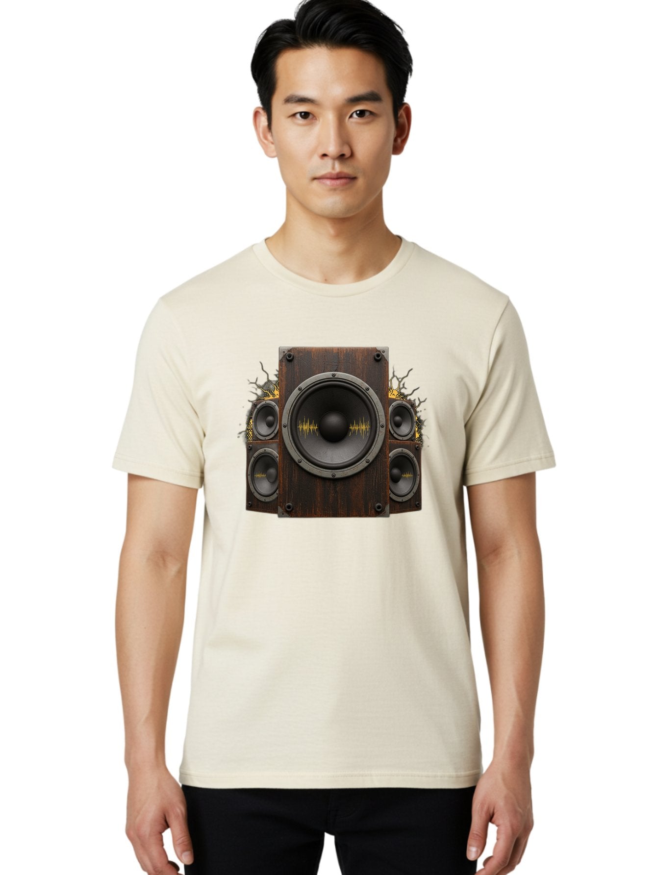 Speakers-With-Soundwaves Men'S Graphic Tee, 100% Cotton, Comfortable Casual Summer Wear, Machine Washable, Wooden Speakers, Sound Waves, Audio Equipment, Music Technology, Sound System, Vibrant Sound, Dynamic Audio Bad679 16