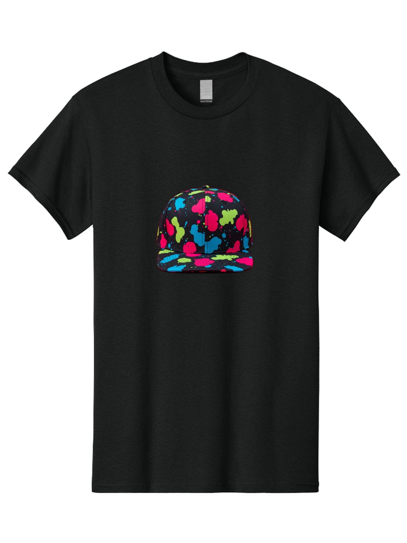 Splatter-Baseball-Cap-1 Men'S Graphic Tee, 100% Cotton, Comfortable Casual Summer Wear, Machine Washable, Baseball Cap, Splatter Design, Colorful Splatters, Pink Blue Green Splatters, Black Cap, Vibrant Colors, Streetwear Fashion, Bad682 8