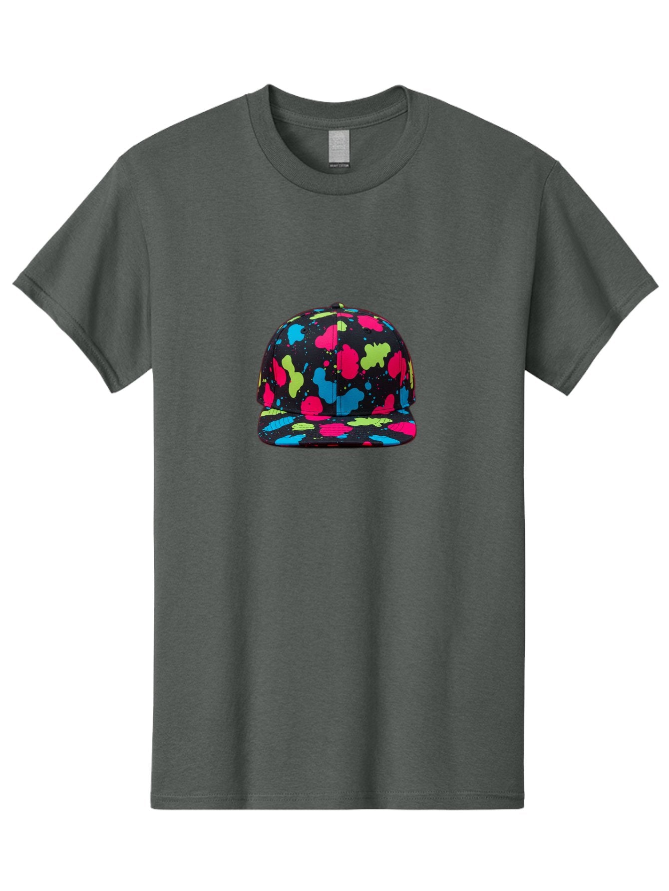Splatter-Baseball-Cap-1 Men'S Graphic Tee, 100% Cotton, Comfortable Casual Summer Wear, Machine Washable, Baseball Cap, Splatter Design, Colorful Splatters, Pink Blue Green Splatters, Black Cap, Vibrant Colors, Streetwear Fashion, Bad682 15
