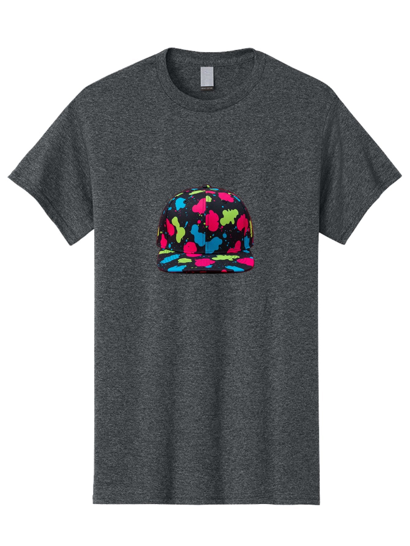 Splatter-Baseball-Cap-1 Men'S Graphic Tee, 100% Cotton, Comfortable Casual Summer Wear, Machine Washable, Baseball Cap, Splatter Design, Colorful Splatters, Pink Blue Green Splatters, Black Cap, Vibrant Colors, Streetwear Fashion, Bad682 9
