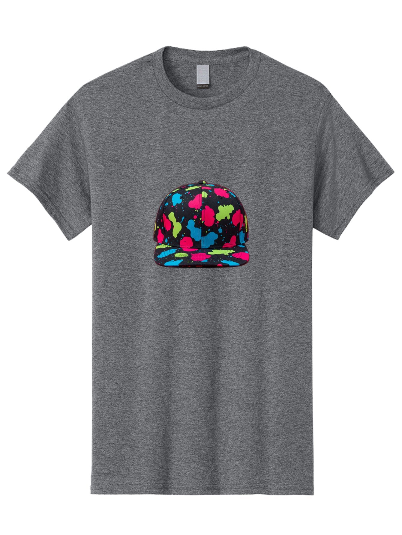 Splatter-Baseball-Cap-1 Men'S Graphic Tee, 100% Cotton, Comfortable Casual Summer Wear, Machine Washable, Baseball Cap, Splatter Design, Colorful Splatters, Pink Blue Green Splatters, Black Cap, Vibrant Colors, Streetwear Fashion, Bad682 13