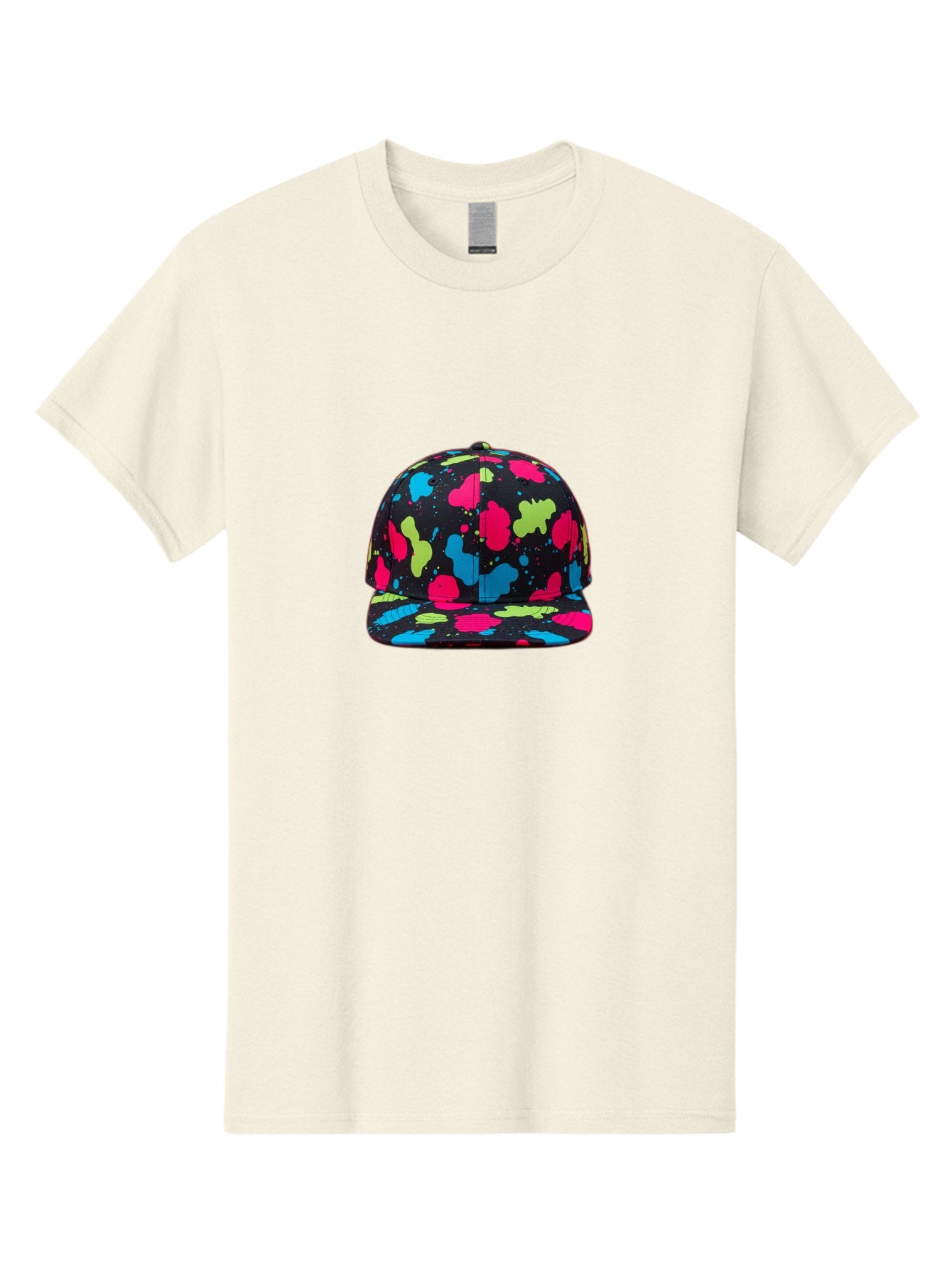 Splatter-Baseball-Cap-1 Men'S Graphic Tee, 100% Cotton, Comfortable Casual Summer Wear, Machine Washable, Baseball Cap, Splatter Design, Colorful Splatters, Pink Blue Green Splatters, Black Cap, Vibrant Colors, Streetwear Fashion, Bad682 14