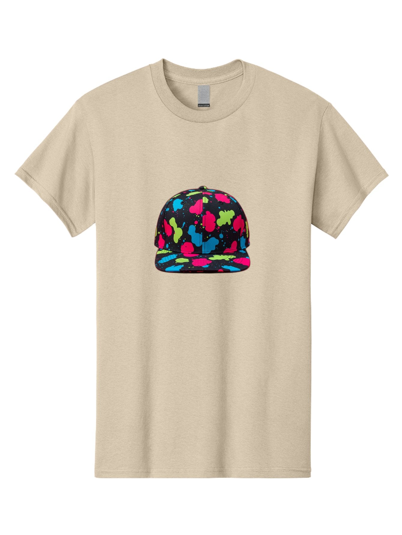 Splatter-Baseball-Cap-1 Men'S Graphic Tee, 100% Cotton, Comfortable Casual Summer Wear, Machine Washable, Baseball Cap, Splatter Design, Colorful Splatters, Pink Blue Green Splatters, Black Cap, Vibrant Colors, Streetwear Fashion, Bad682