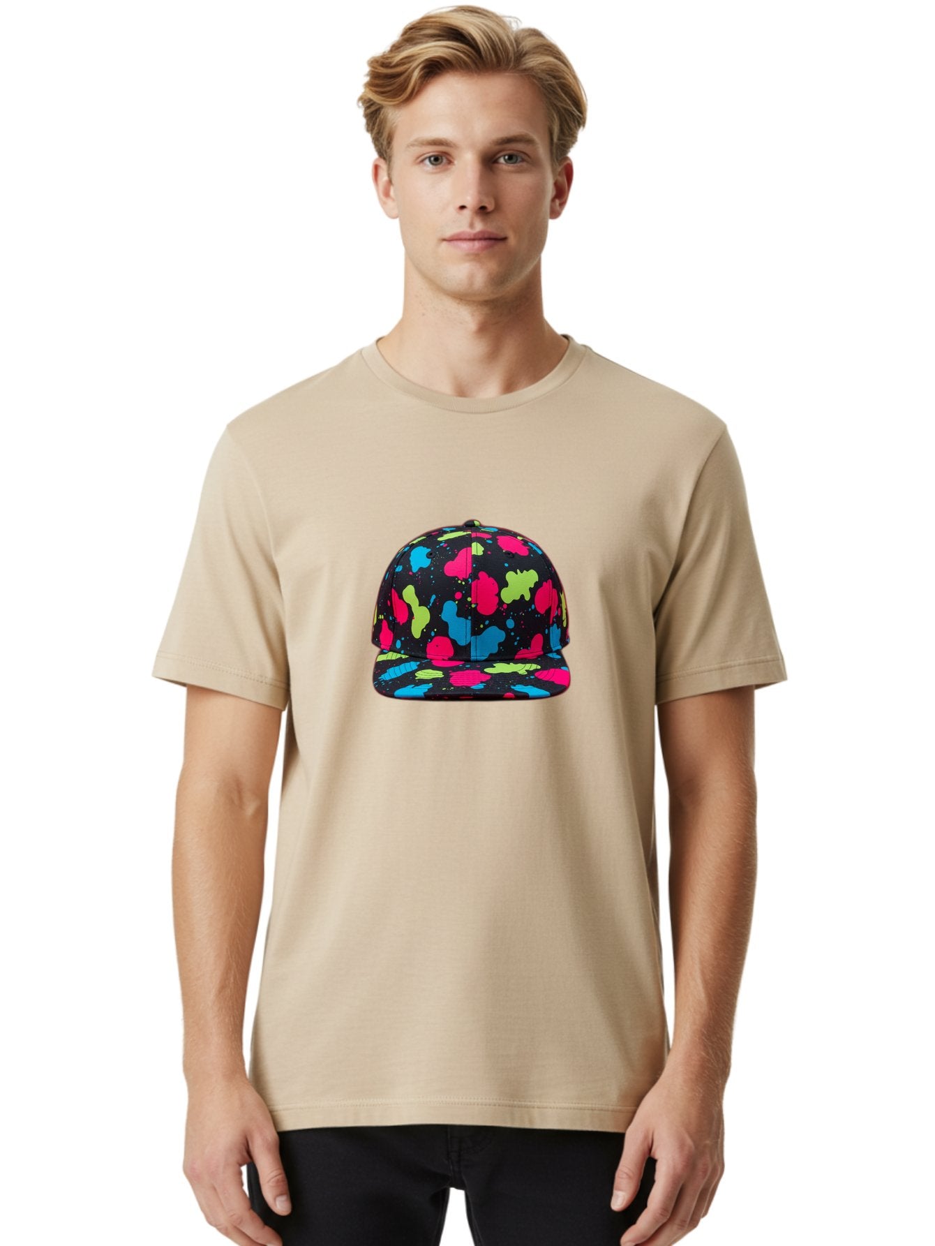 Splatter-Baseball-Cap-1 Men'S Graphic Tee, 100% Cotton, Comfortable Casual Summer Wear, Machine Washable, Baseball Cap, Splatter Design, Colorful Splatters, Pink Blue Green Splatters, Black Cap, Vibrant Colors, Streetwear Fashion, Bad682 19