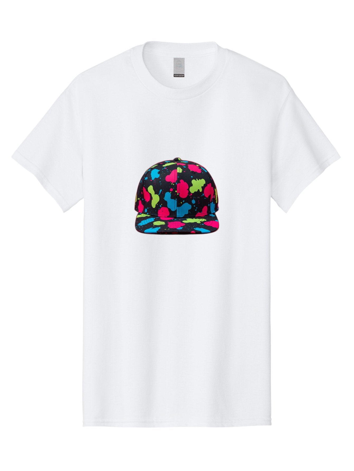 Splatter-Baseball-Cap-1 Men'S Graphic Tee, 100% Cotton, Comfortable Casual Summer Wear, Machine Washable, Baseball Cap, Splatter Design, Colorful Splatters, Pink Blue Green Splatters, Black Cap, Vibrant Colors, Streetwear Fashion, Bad682