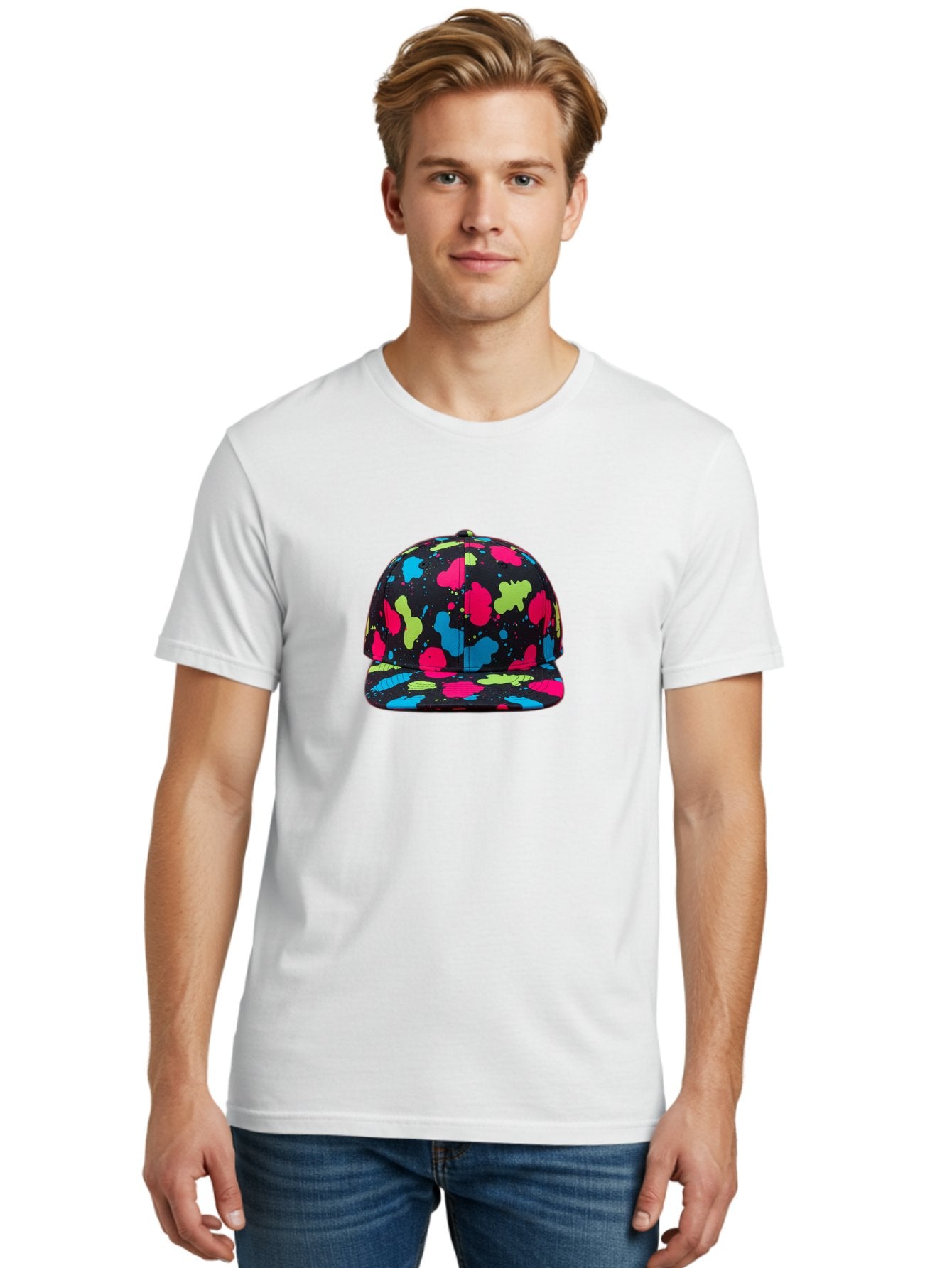 Splatter-Baseball-Cap-1 Men'S Graphic Tee, 100% Cotton, Comfortable Casual Summer Wear, Machine Washable, Baseball Cap, Splatter Design, Colorful Splatters, Pink Blue Green Splatters, Black Cap, Vibrant Colors, Streetwear Fashion, Bad682 21