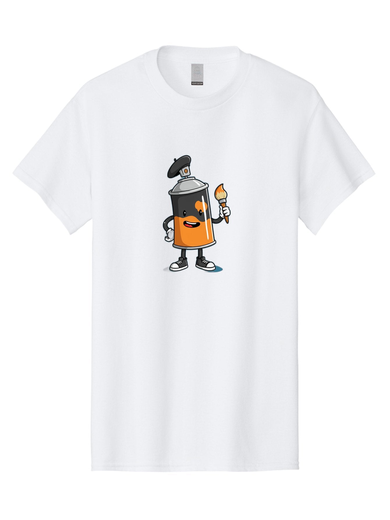 Spray-Can-2 Men'S Graphic Tee, 100% Cotton, Comfortable Casual Summer Wear, Machine Washable, Cartoon Spray Can, Street Art, Graffiti, Urban Culture, Creative Expression, Artistic Character, Vibrant Orange, Black And White Sneakers, Bad685 11