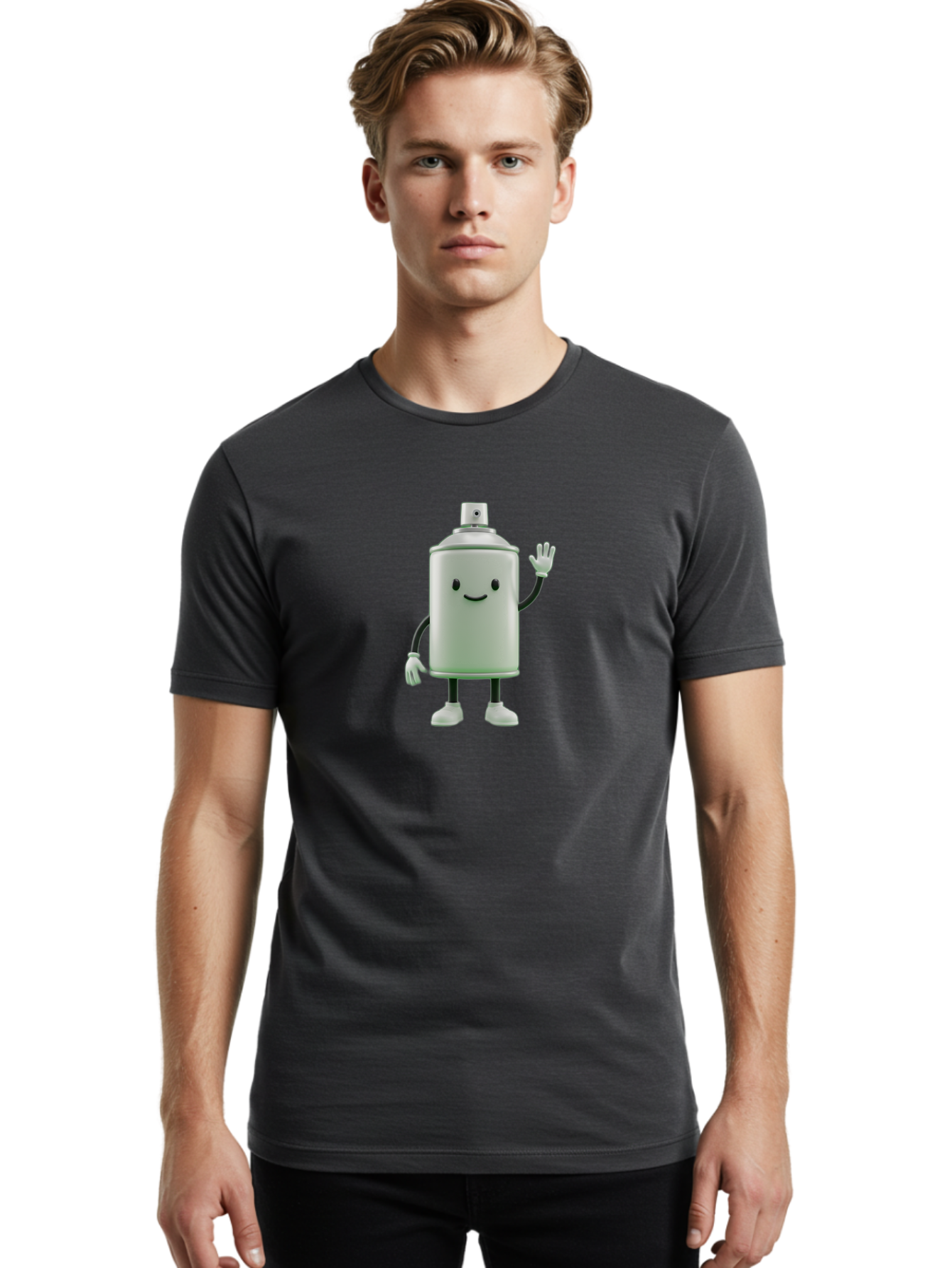 Spray-Can-Character-1 Men'S Graphic Tee, 100% Cotton, Comfortable Casual Summer Wear, Machine Washable, Cartoon Spray Can, Smiling Face, Waving Hand, White Gloves, Black Arms And Legs, Friendly Vibe, Animated Can, Humorous Character, Bad686 19