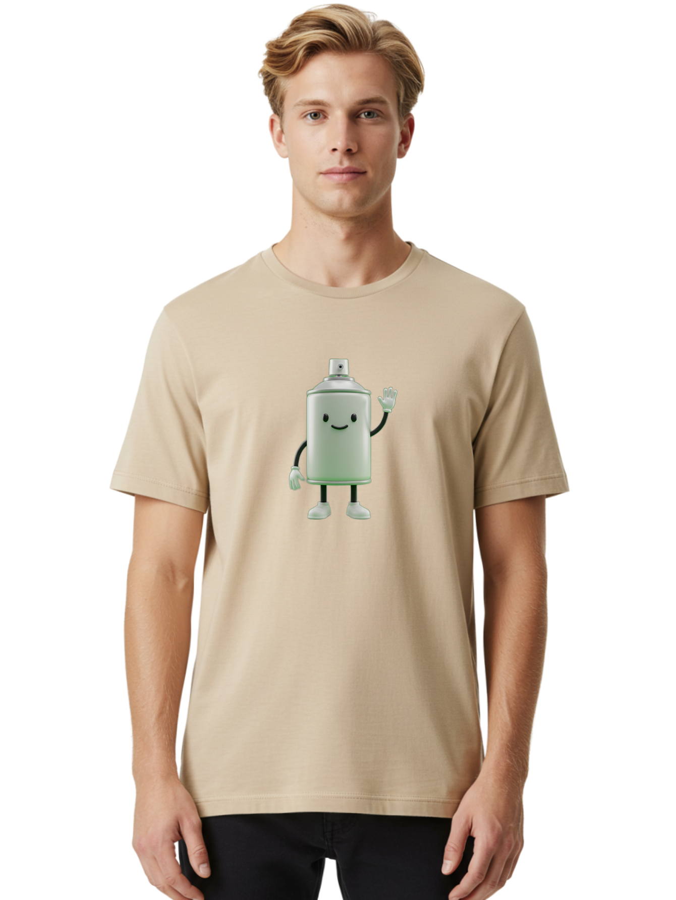 Spray-Can-Character-1 Men'S Graphic Tee, 100% Cotton, Comfortable Casual Summer Wear, Machine Washable, Cartoon Spray Can, Smiling Face, Waving Hand, White Gloves, Black Arms And Legs, Friendly Vibe, Animated Can, Humorous Character, Bad686 26