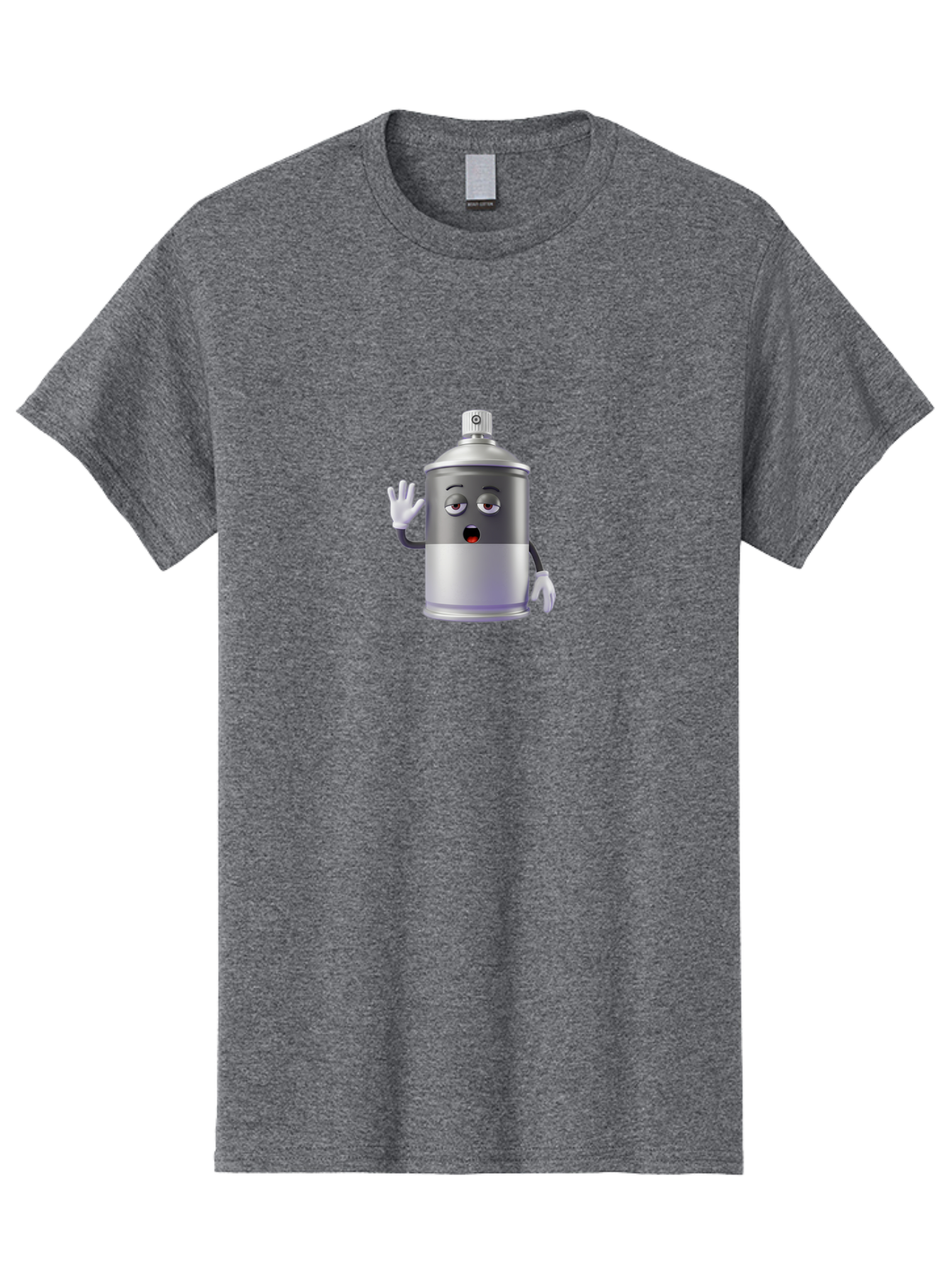 Spray-Can-Character-2 Men'S Graphic Tee, 100% Cotton, Comfortable Casual Summer Wear, Machine Washable, Funny Cartoon Character, Anthropomorphic Spray Can, Gray And White, Waving Hand, Cute Face, Black Eyes, Red Mouth, Bad687