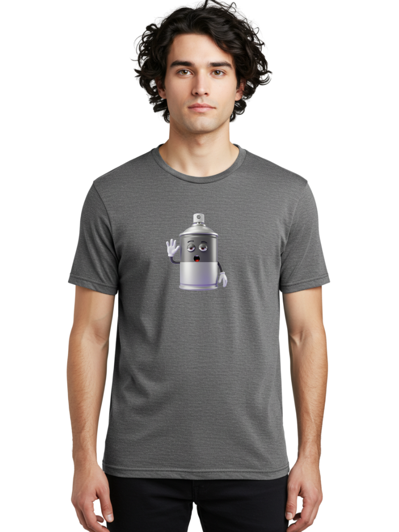 Spray-Can-Character-2 Men'S Graphic Tee, 100% Cotton, Comfortable Casual Summer Wear, Machine Washable, Funny Cartoon Character, Anthropomorphic Spray Can, Gray And White, Waving Hand, Cute Face, Black Eyes, Red Mouth, Bad687 16