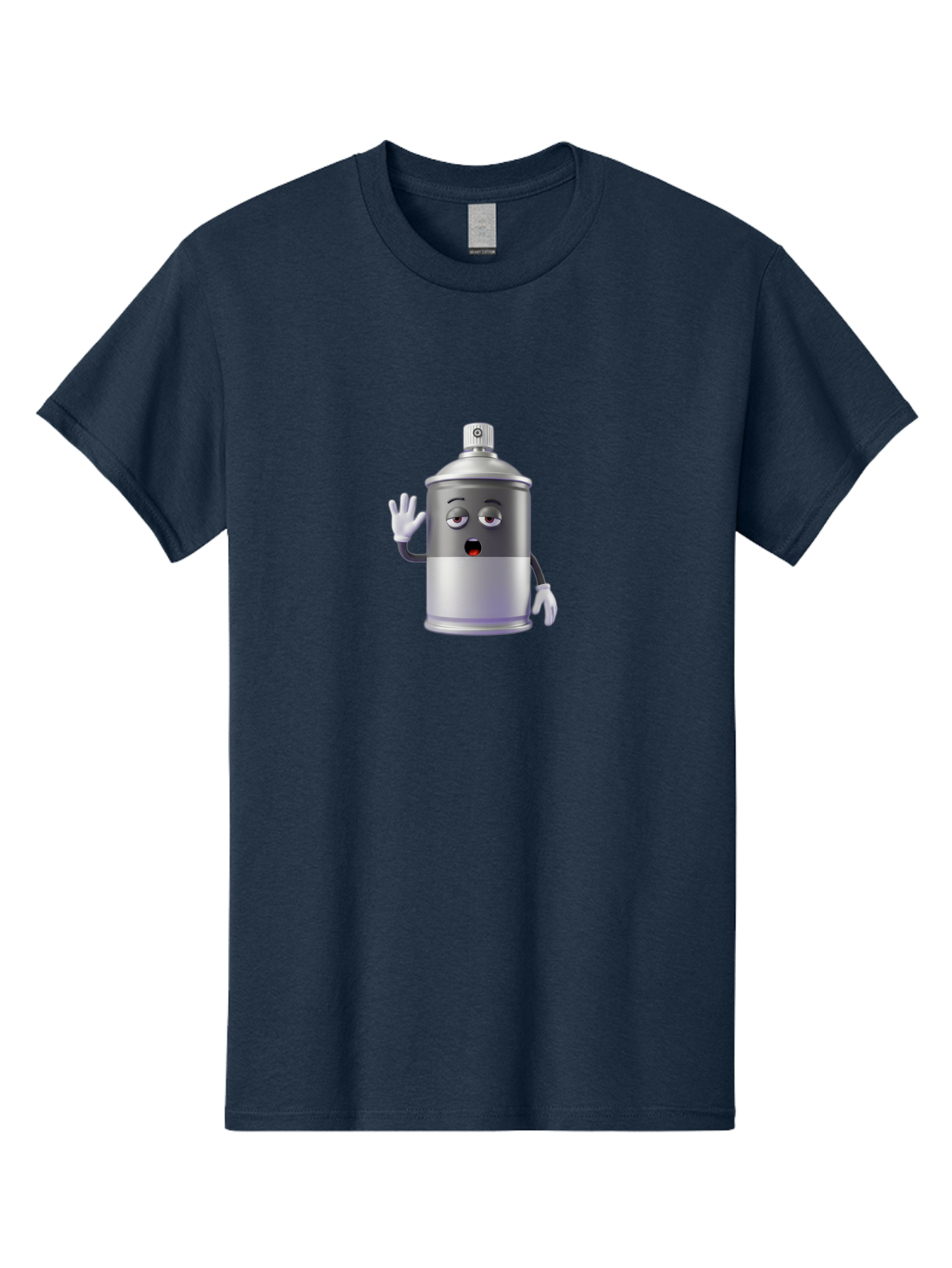 Spray-Can-Character-2 Men'S Graphic Tee, 100% Cotton, Comfortable Casual Summer Wear, Machine Washable, Funny Cartoon Character, Anthropomorphic Spray Can, Gray And White, Waving Hand, Cute Face, Black Eyes, Red Mouth, Bad687