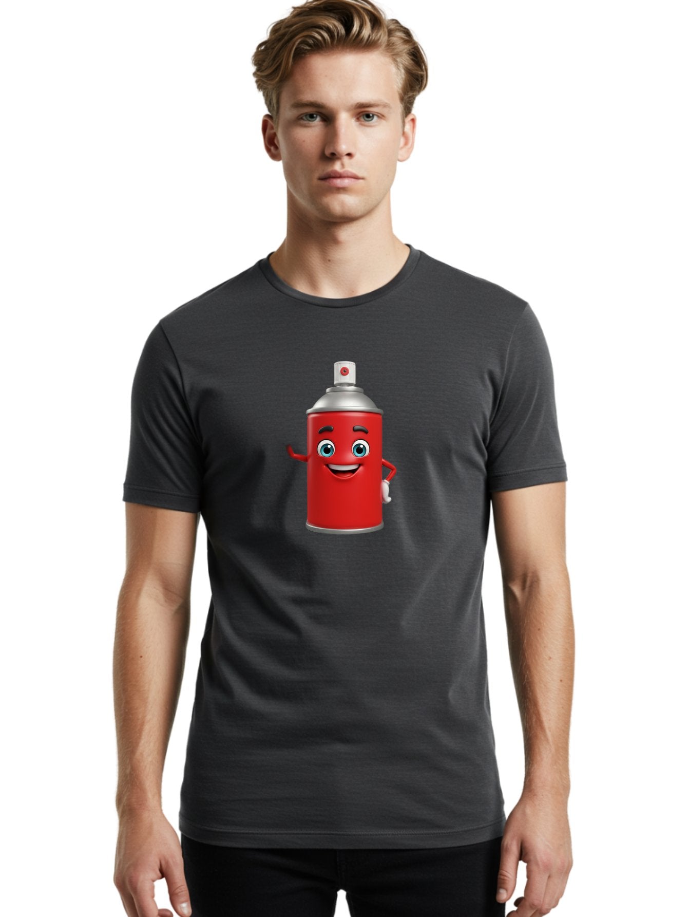 Spray-Can Men'S Graphic Tee, 100% Cotton, Comfortable Casual Summer Wear, Machine Washable, Cartoon Spray Paint Can, Red Color, Silver Cap, Smiling Face, Blue Eyes, Red And White Nozzle, Hand-Holding Gesture, Street Art, Graffiti, Bad691 16