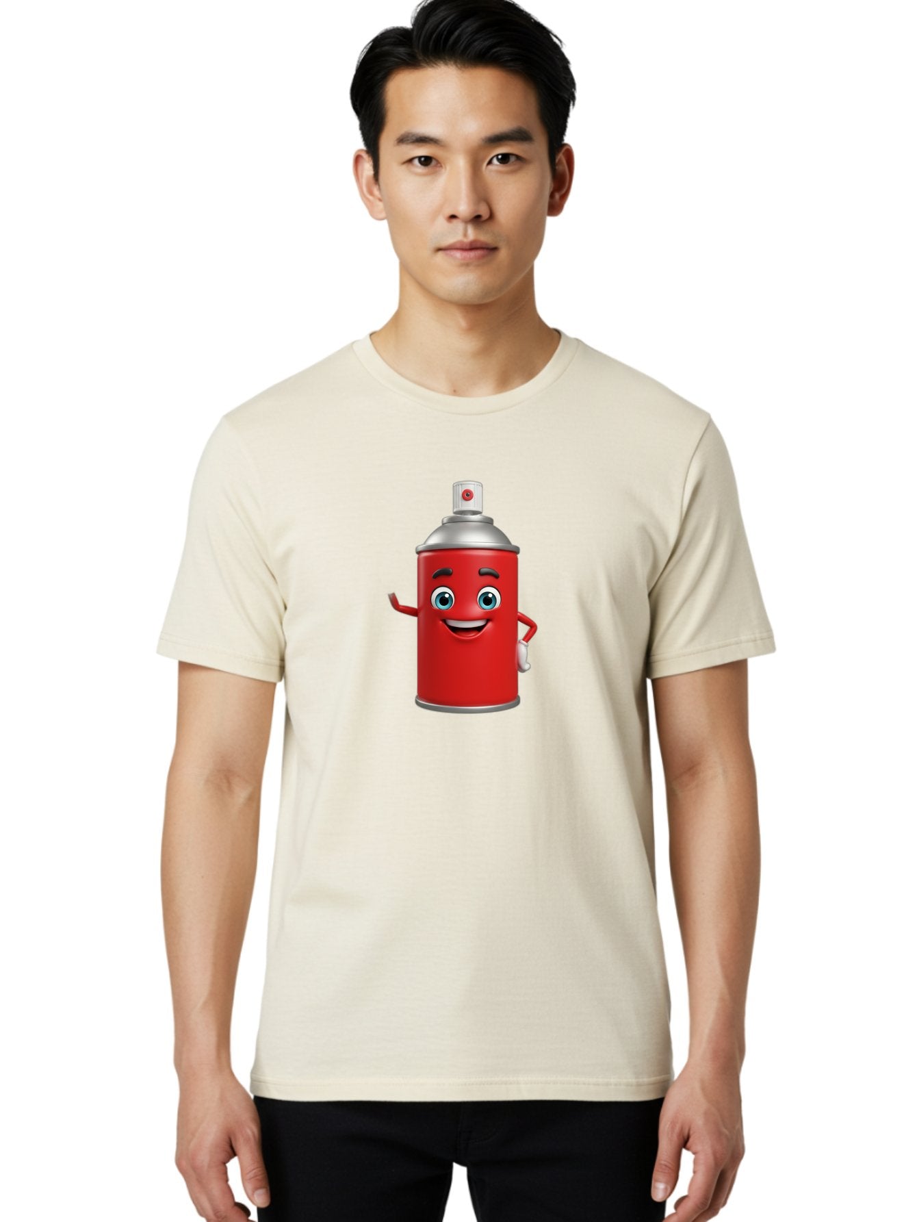 Spray-Can Men'S Graphic Tee, 100% Cotton, Comfortable Casual Summer Wear, Machine Washable, Cartoon Spray Paint Can, Red Color, Silver Cap, Smiling Face, Blue Eyes, Red And White Nozzle, Hand-Holding Gesture, Street Art, Graffiti, Bad691 28
