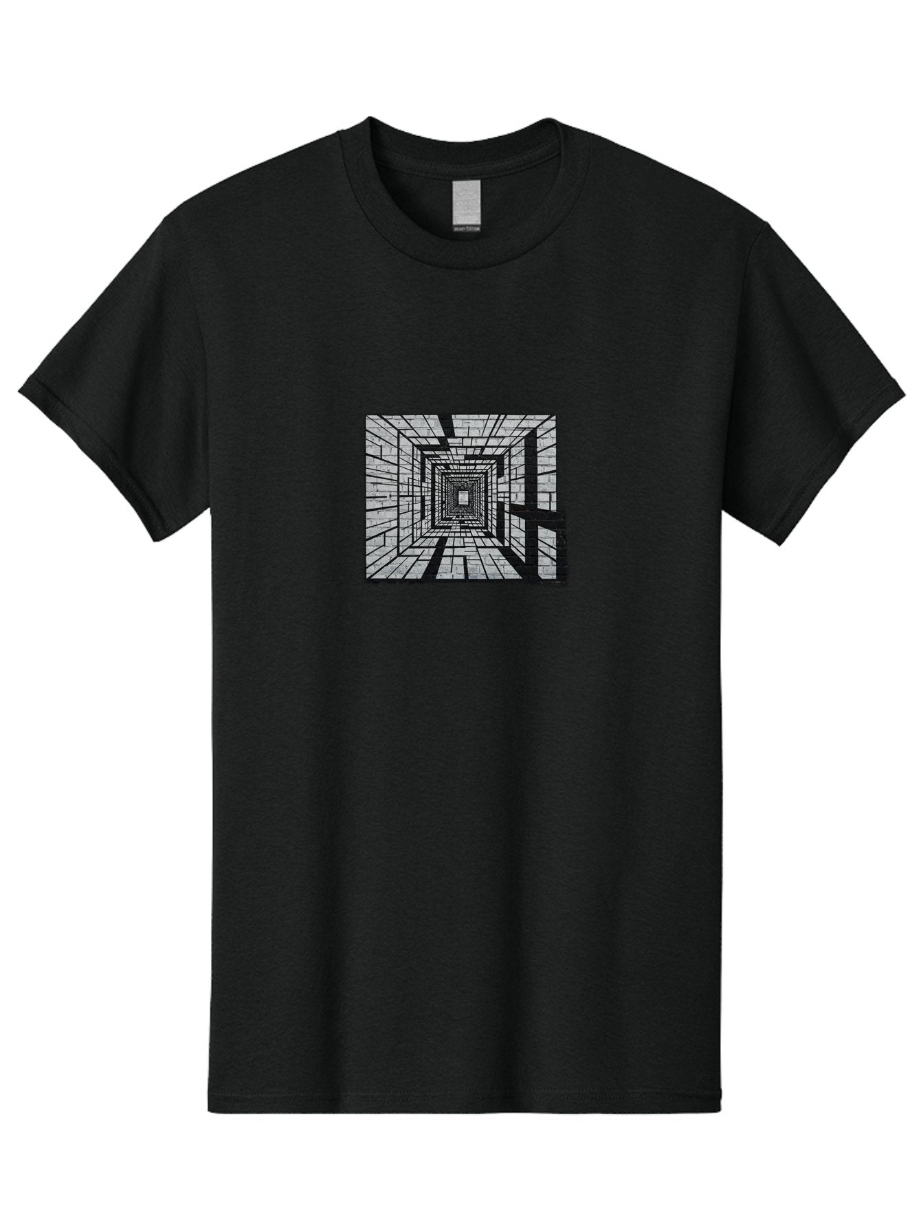 Square-Tunnel Men'S Graphic Tee, 100% Cotton, Comfortable Casual Summer Wear, Machine Washable, 3D Illustration, Rectangular Tunnel, Brick Walls, Vanishing Point, Optical Illusion, Abstract Art, Geometric Shapes, Black And White, Stencil Art, Bad696 8