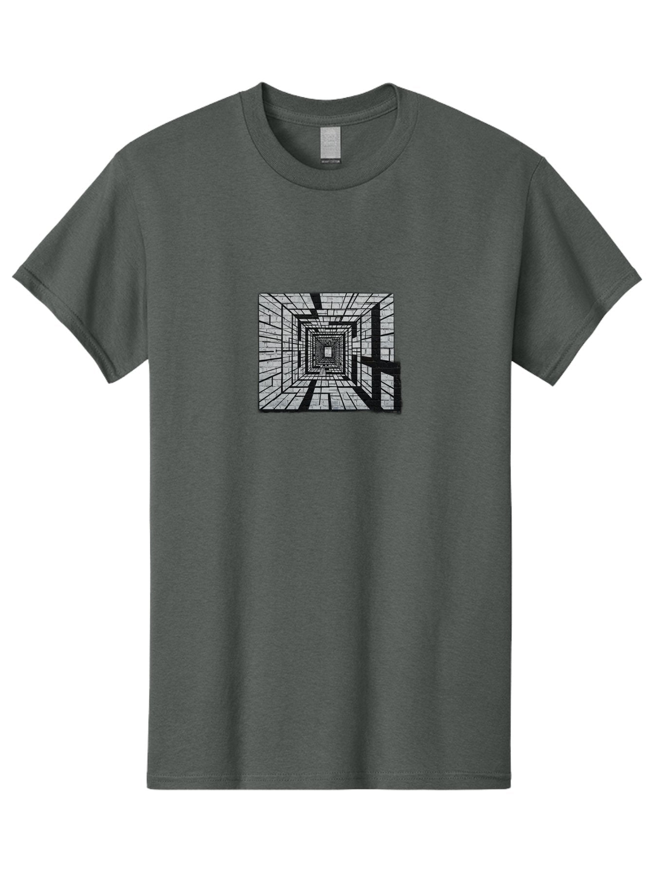 Square-Tunnel Men'S Graphic Tee, 100% Cotton, Comfortable Casual Summer Wear, Machine Washable, 3D Illustration, Rectangular Tunnel, Brick Walls, Vanishing Point, Optical Illusion, Abstract Art, Geometric Shapes, Black And White, Stencil Art, Bad696 4