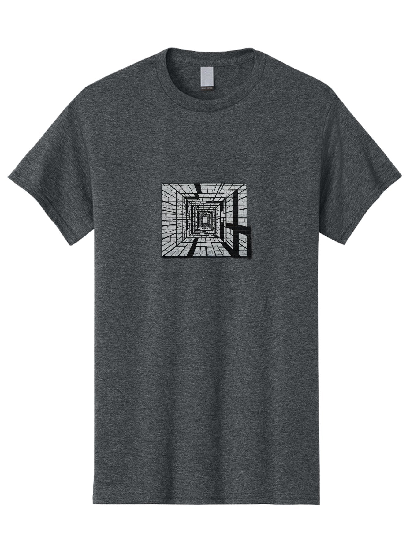 Square-Tunnel Men'S Graphic Tee, 100% Cotton, Comfortable Casual Summer Wear, Machine Washable, 3D Illustration, Rectangular Tunnel, Brick Walls, Vanishing Point, Optical Illusion, Abstract Art, Geometric Shapes, Black And White, Stencil Art, Bad696 3