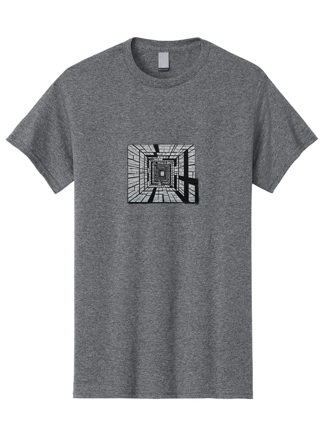 Square-Tunnel Men'S Graphic Tee, 100% Cotton, Comfortable Casual Summer Wear, Machine Washable, 3D Illustration, Rectangular Tunnel, Brick Walls, Vanishing Point, Optical Illusion, Abstract Art, Geometric Shapes, Black And White, Stencil Art, Bad696