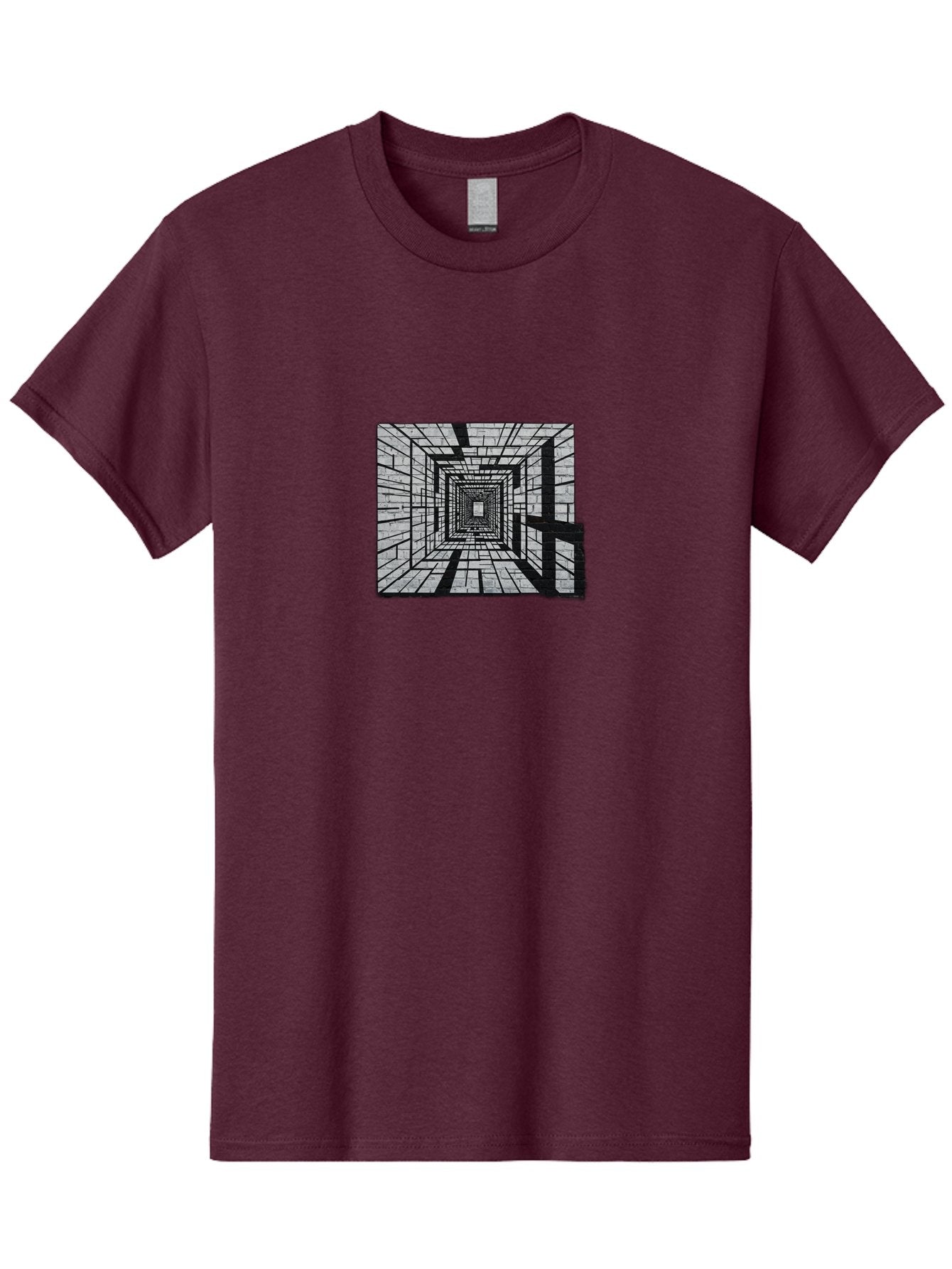 Square-Tunnel Men'S Graphic Tee, 100% Cotton, Comfortable Casual Summer Wear, Machine Washable, 3D Illustration, Rectangular Tunnel, Brick Walls, Vanishing Point, Optical Illusion, Abstract Art, Geometric Shapes, Black And White, Stencil Art, Bad696 12