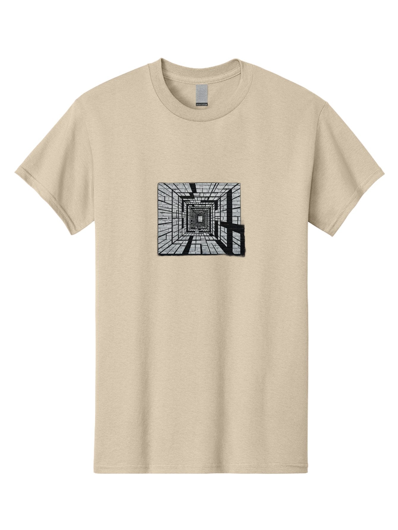 Square-Tunnel Men'S Graphic Tee, 100% Cotton, Comfortable Casual Summer Wear, Machine Washable, 3D Illustration, Rectangular Tunnel, Brick Walls, Vanishing Point, Optical Illusion, Abstract Art, Geometric Shapes, Black And White, Stencil Art, Bad696 11