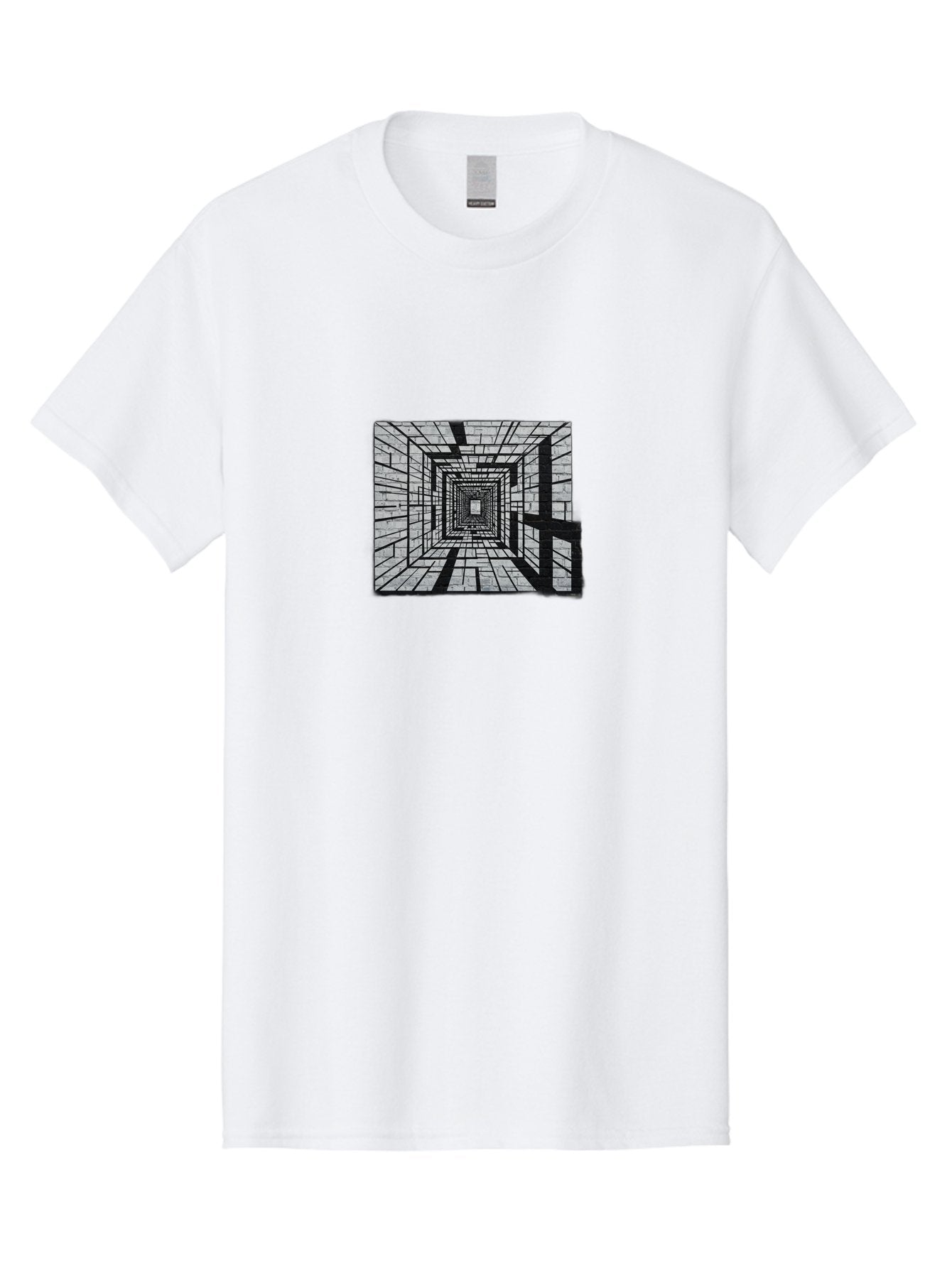 Square-Tunnel Men'S Graphic Tee, 100% Cotton, Comfortable Casual Summer Wear, Machine Washable, 3D Illustration, Rectangular Tunnel, Brick Walls, Vanishing Point, Optical Illusion, Abstract Art, Geometric Shapes, Black And White, Stencil Art, Bad696 14