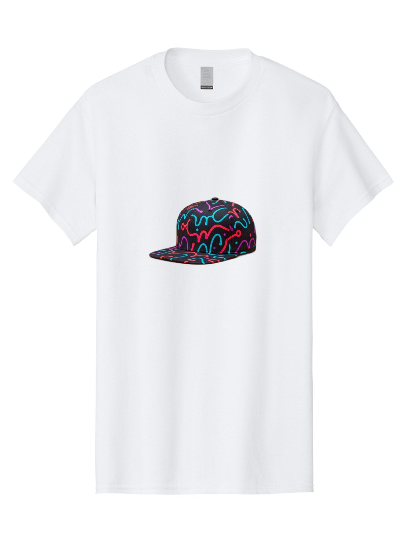 Squiggly-Baseball-Cap Men'S Graphic Tee, 100% Cotton, Comfortable Casual Summer Wear, Machine Washable, Snapback Hat, Neon Squiggles, Black Hat, Vibrant Colors, Streetwear Fashion, Trendy Accessories, Casual Style, Hat Fashion Bad697 3
