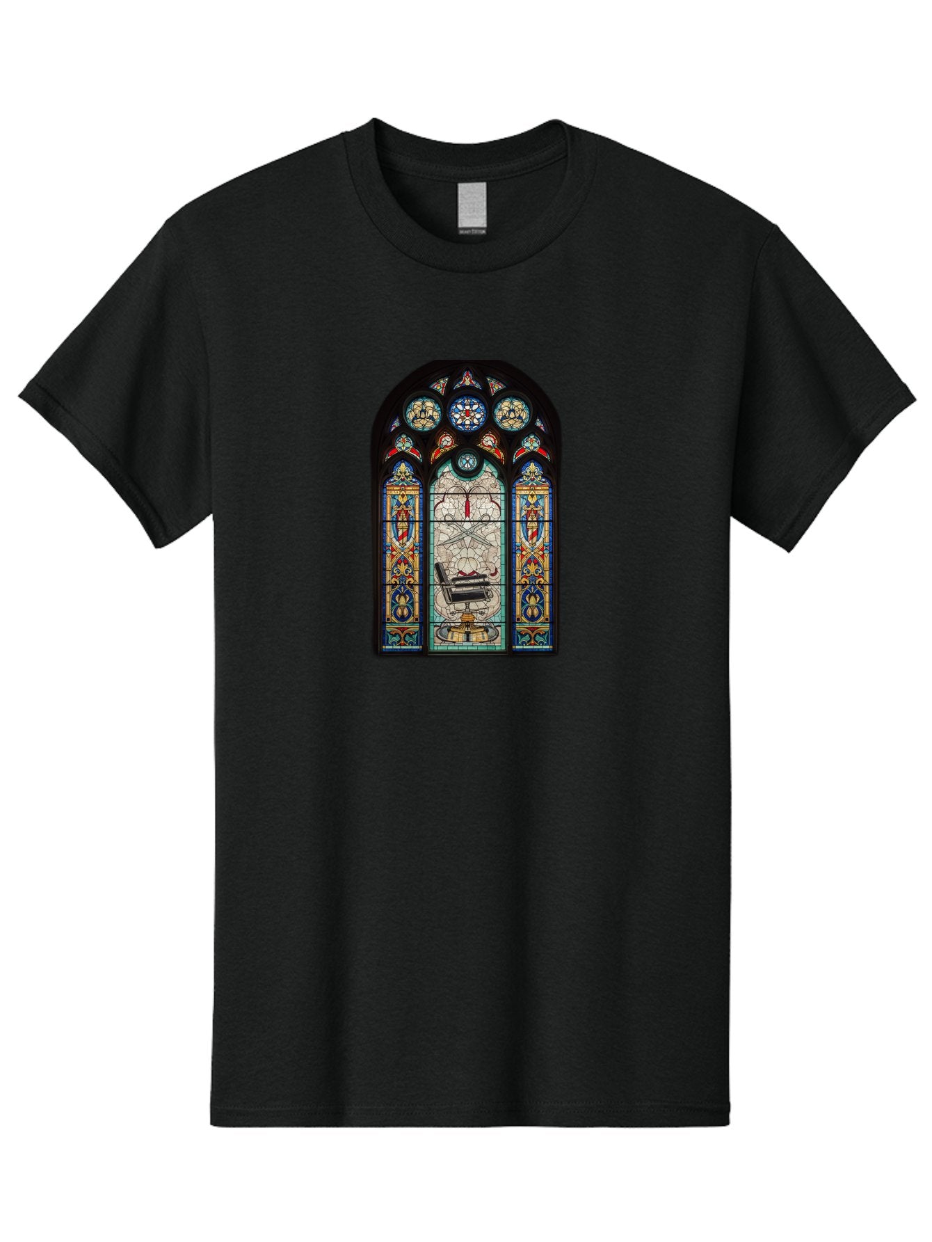 Stained-Glass-Window-With-Organ Men'S Graphic Tee, 100% Cotton, Comfortable Casual Summer Wear, Machine Washable, Stained Glass Art, Gothic Style, Religious Symbolism, Sacred Imagery, Colorful Patterns, Intricate Design, Ornate Details, Bad700