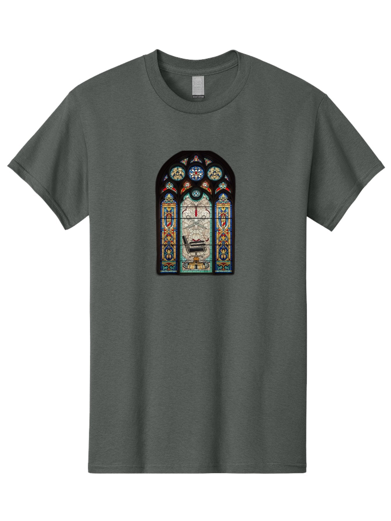 Stained-Glass-Window-With-Organ Men'S Graphic Tee, 100% Cotton, Comfortable Casual Summer Wear, Machine Washable, Stained Glass Art, Gothic Style, Religious Symbolism, Sacred Imagery, Colorful Patterns, Intricate Design, Ornate Details, Bad700 11