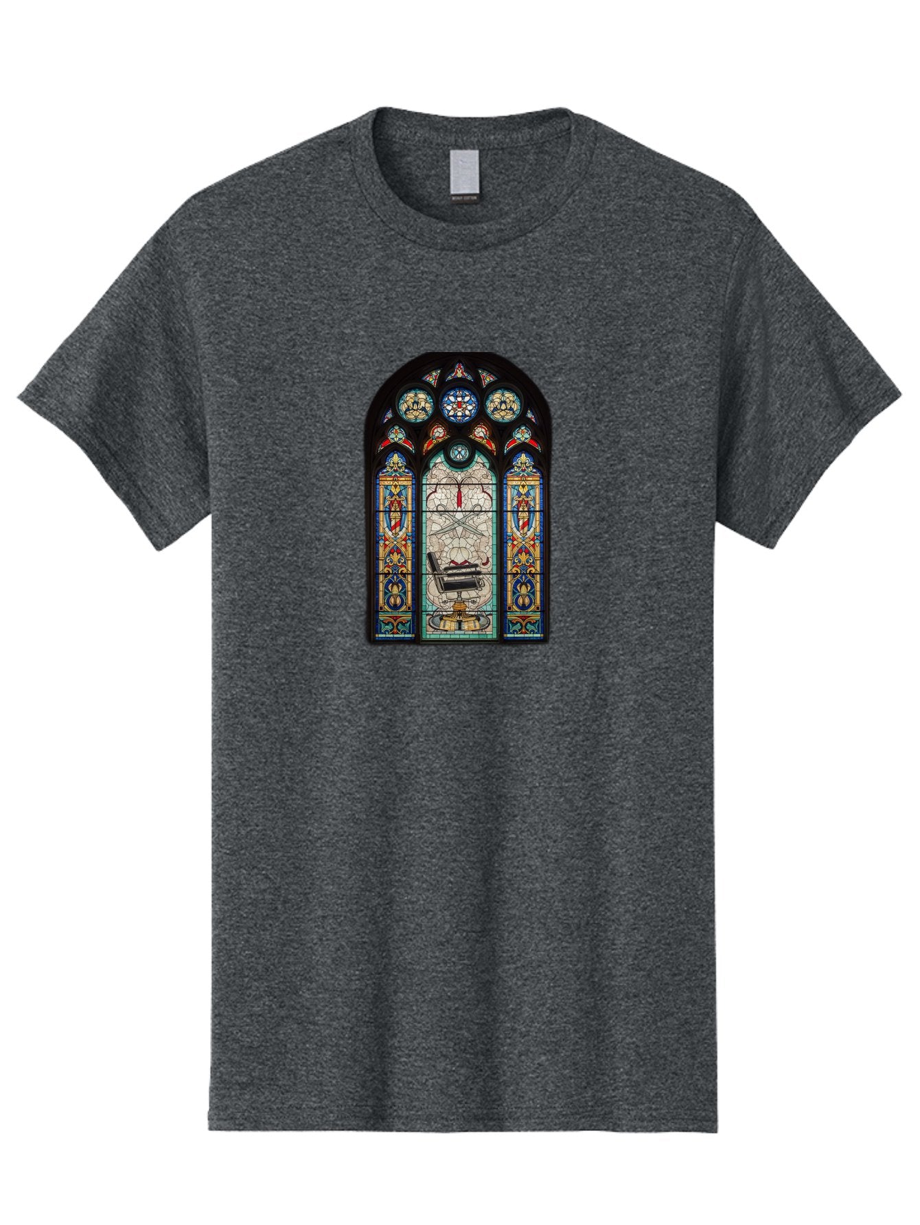 Stained-Glass-Window-With-Organ Men'S Graphic Tee, 100% Cotton, Comfortable Casual Summer Wear, Machine Washable, Stained Glass Art, Gothic Style, Religious Symbolism, Sacred Imagery, Colorful Patterns, Intricate Design, Ornate Details, Bad700 5
