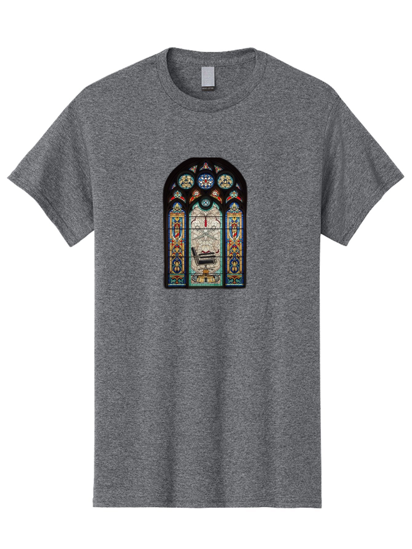 Stained-Glass-Window-With-Organ Men'S Graphic Tee, 100% Cotton, Comfortable Casual Summer Wear, Machine Washable, Stained Glass Art, Gothic Style, Religious Symbolism, Sacred Imagery, Colorful Patterns, Intricate Design, Ornate Details, Bad700 3