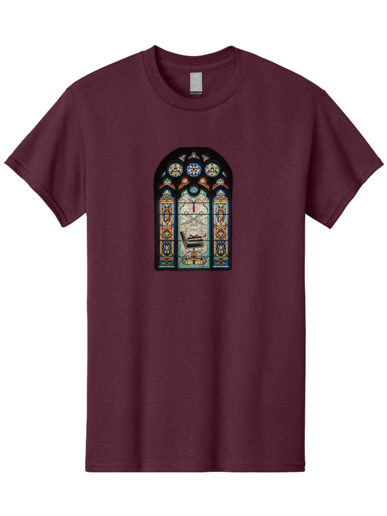 Stained-Glass-Window-With-Organ Men'S Graphic Tee, 100% Cotton, Comfortable Casual Summer Wear, Machine Washable, Stained Glass Art, Gothic Style, Religious Symbolism, Sacred Imagery, Colorful Patterns, Intricate Design, Ornate Details, Bad700 15