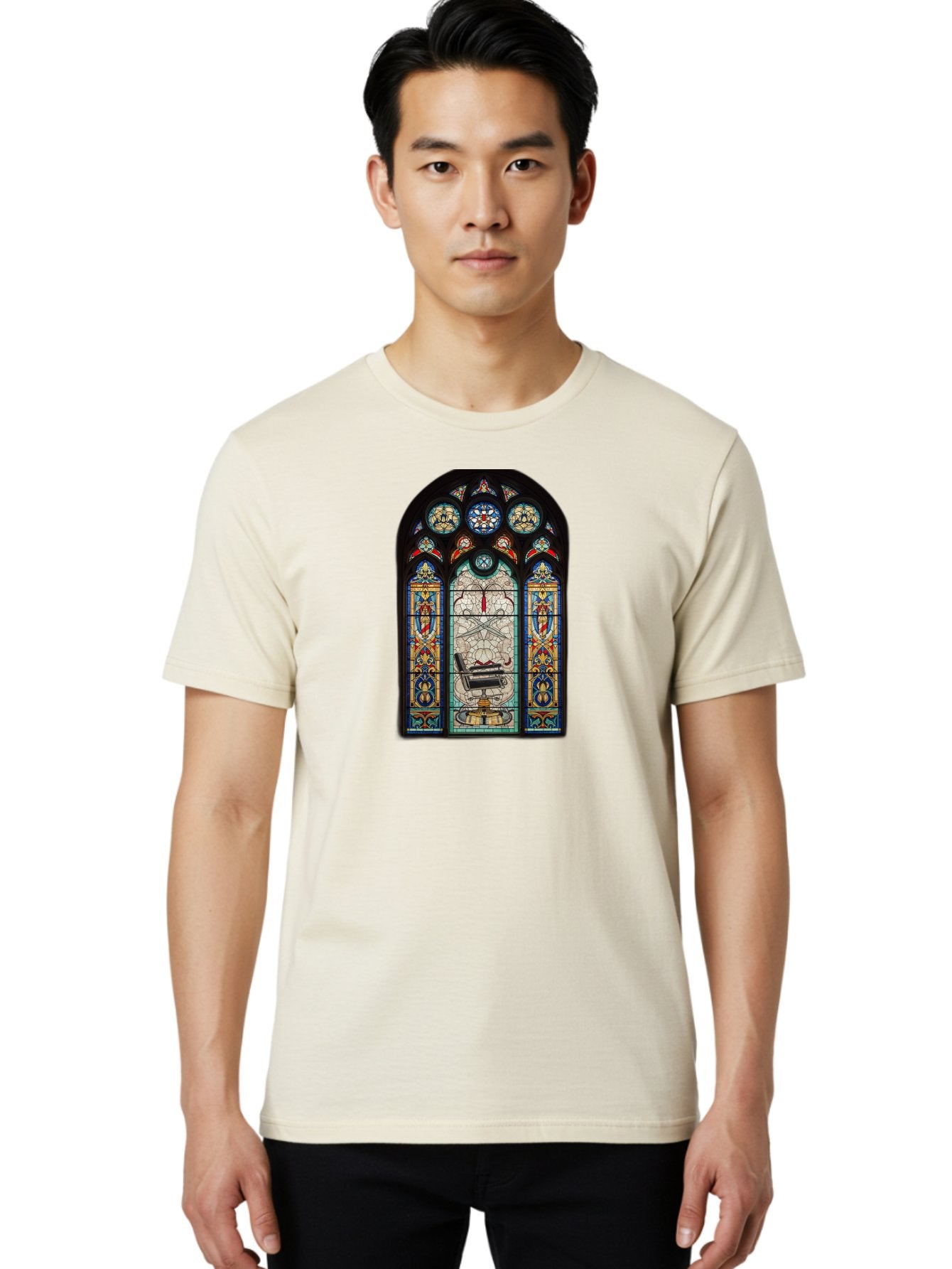 Stained-Glass-Window-With-Organ Men'S Graphic Tee, 100% Cotton, Comfortable Casual Summer Wear, Machine Washable, Stained Glass Art, Gothic Style, Religious Symbolism, Sacred Imagery, Colorful Patterns, Intricate Design, Ornate Details, Bad700 24