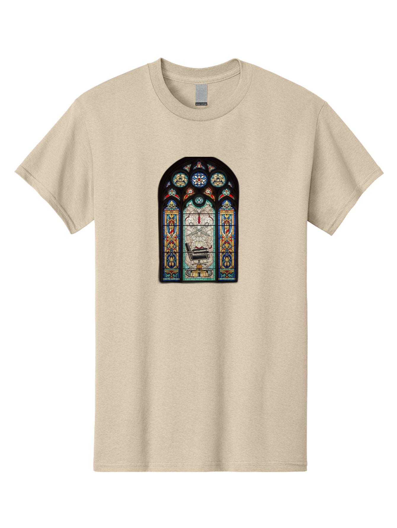 Stained-Glass-Window-With-Organ Men'S Graphic Tee, 100% Cotton, Comfortable Casual Summer Wear, Machine Washable, Stained Glass Art, Gothic Style, Religious Symbolism, Sacred Imagery, Colorful Patterns, Intricate Design, Ornate Details, Bad700 7