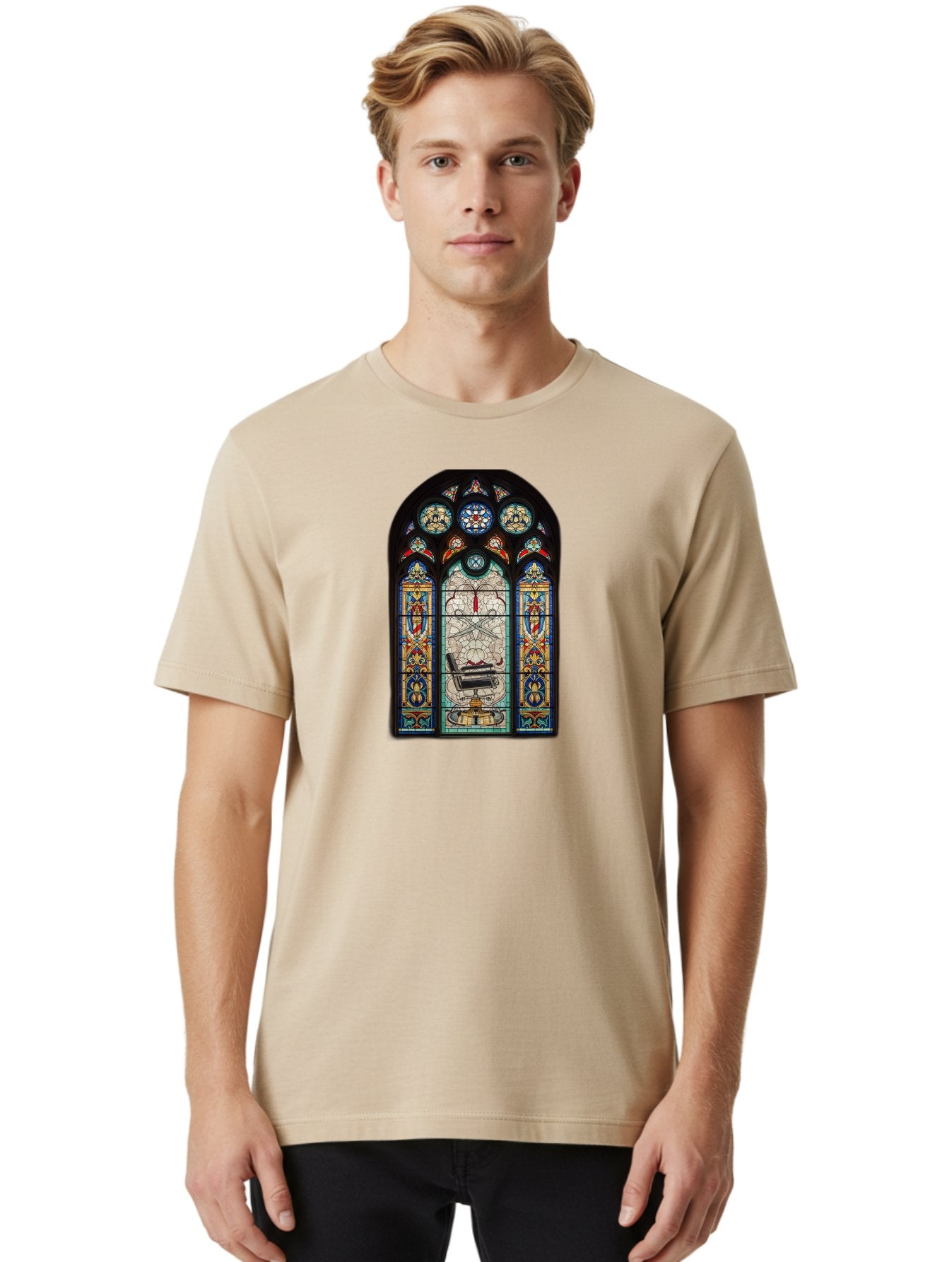 Stained-Glass-Window-With-Organ Men'S Graphic Tee, 100% Cotton, Comfortable Casual Summer Wear, Machine Washable, Stained Glass Art, Gothic Style, Religious Symbolism, Sacred Imagery, Colorful Patterns, Intricate Design, Ornate Details, Bad700 16