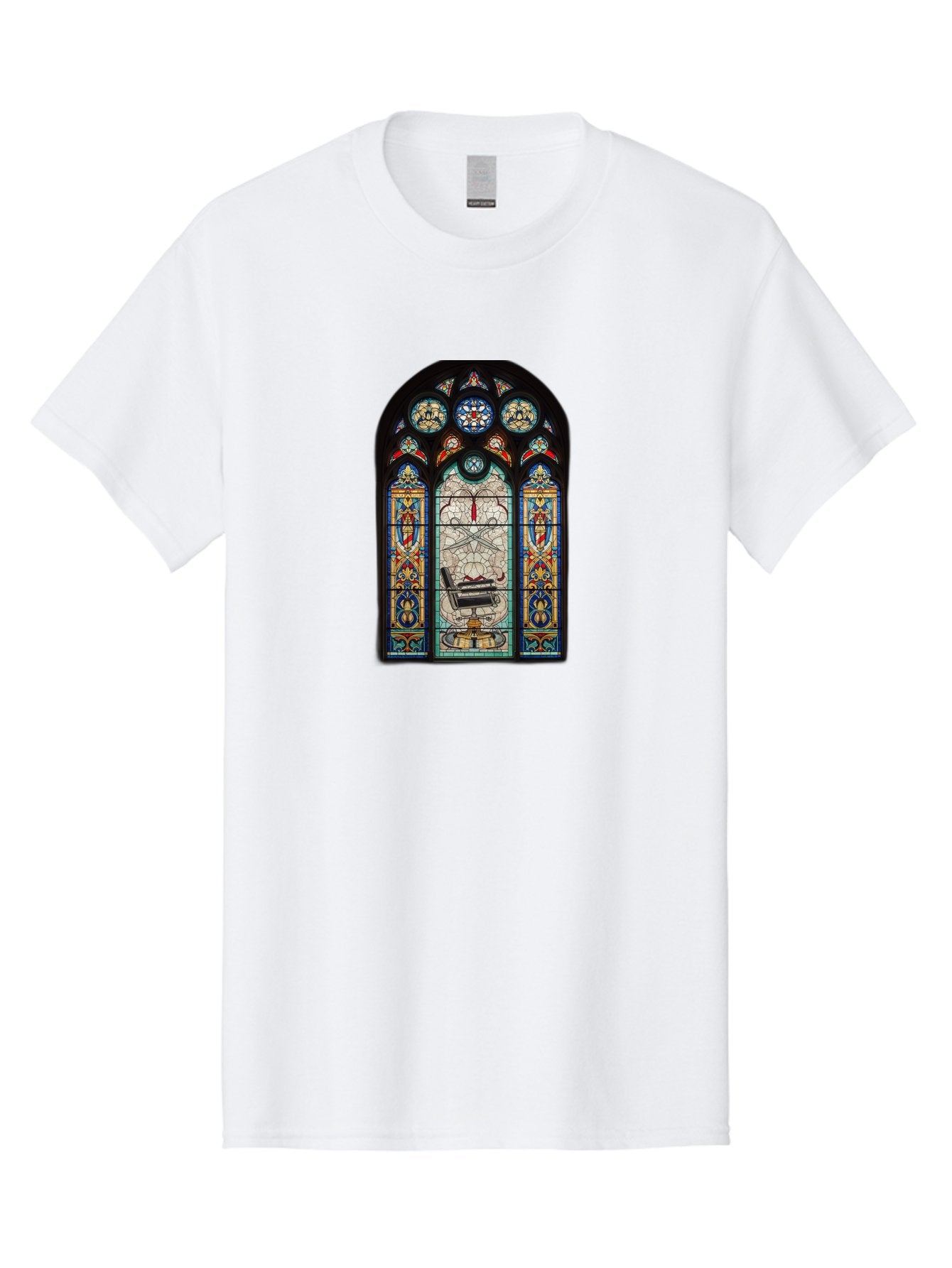 Stained-Glass-Window-With-Organ Men'S Graphic Tee, 100% Cotton, Comfortable Casual Summer Wear, Machine Washable, Stained Glass Art, Gothic Style, Religious Symbolism, Sacred Imagery, Colorful Patterns, Intricate Design, Ornate Details, Bad700 10