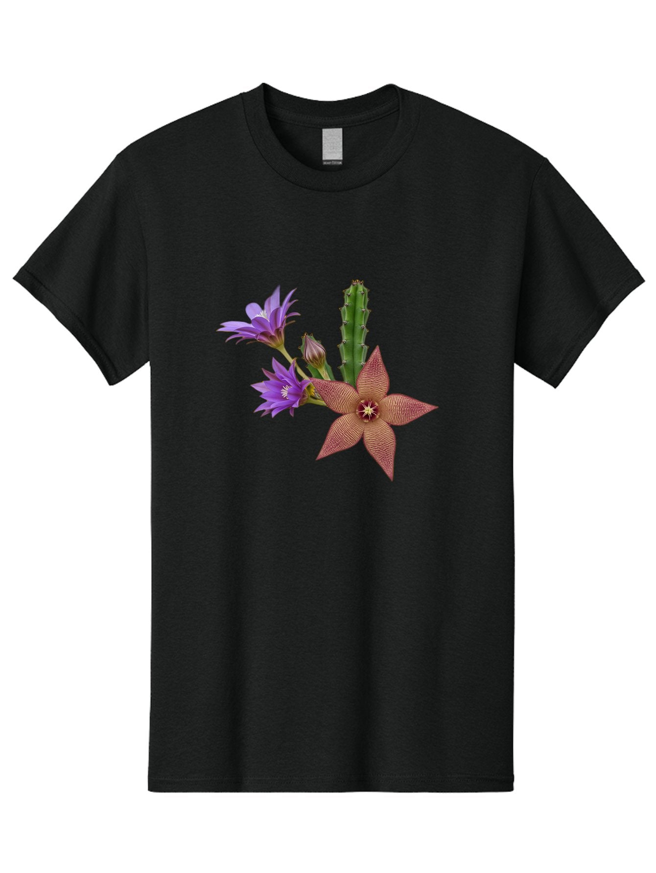 Stapelia-Grandiflora Men'S Graphic Tee, 100% Cotton, Comfortable Casual Summer Wear, Machine Washable, Starfish Cactus, Carrion Flowers, Succulent Plant, Exotic Blooms, Desert Flora, Unusual Flowers, Purple And Brown Petals, Unique Texture, Bad701 7