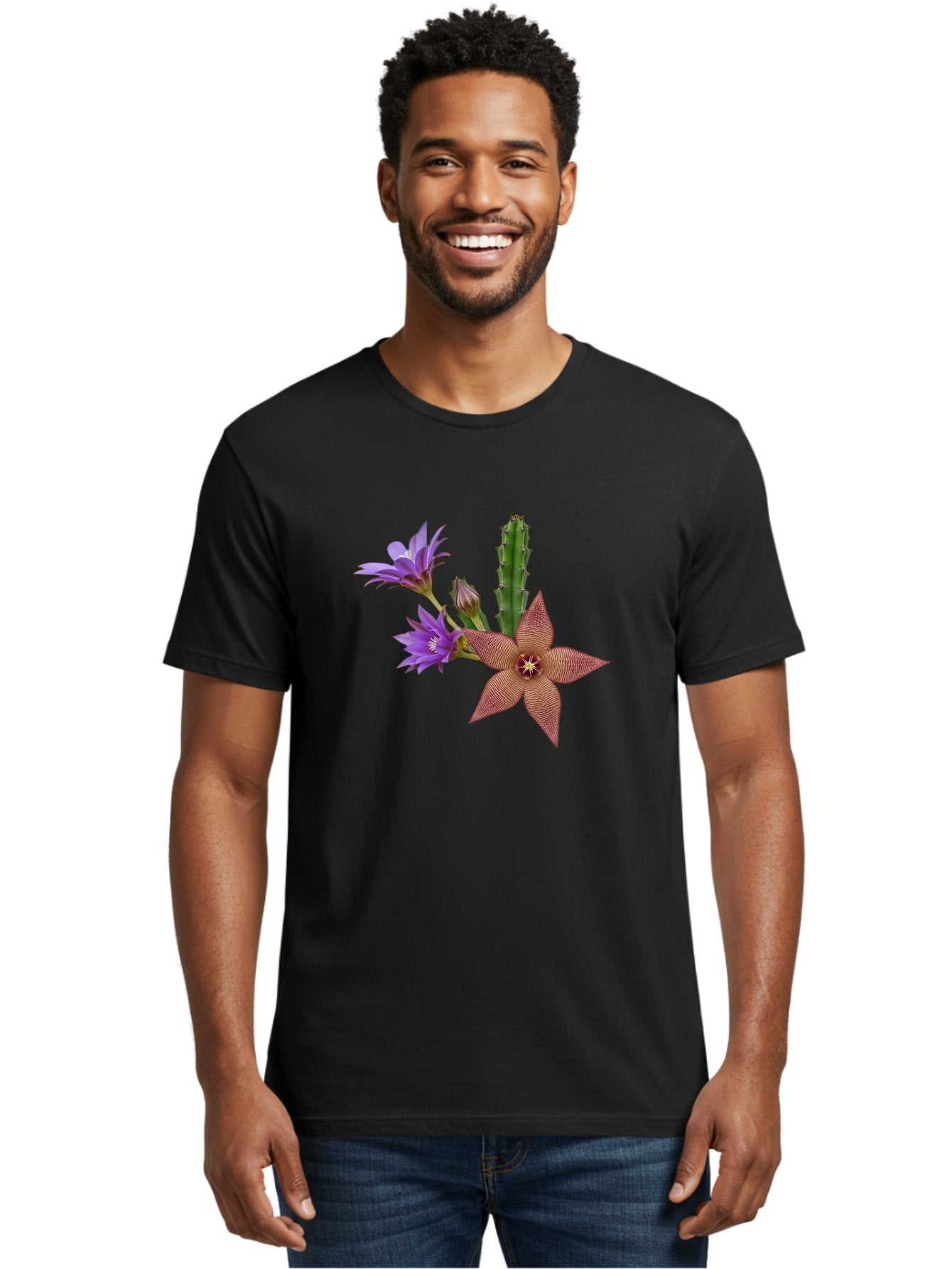 Stapelia-Grandiflora Men'S Graphic Tee, 100% Cotton, Comfortable Casual Summer Wear, Machine Washable, Starfish Cactus, Carrion Flowers, Succulent Plant, Exotic Blooms, Desert Flora, Unusual Flowers, Purple And Brown Petals, Unique Texture, Bad701 16