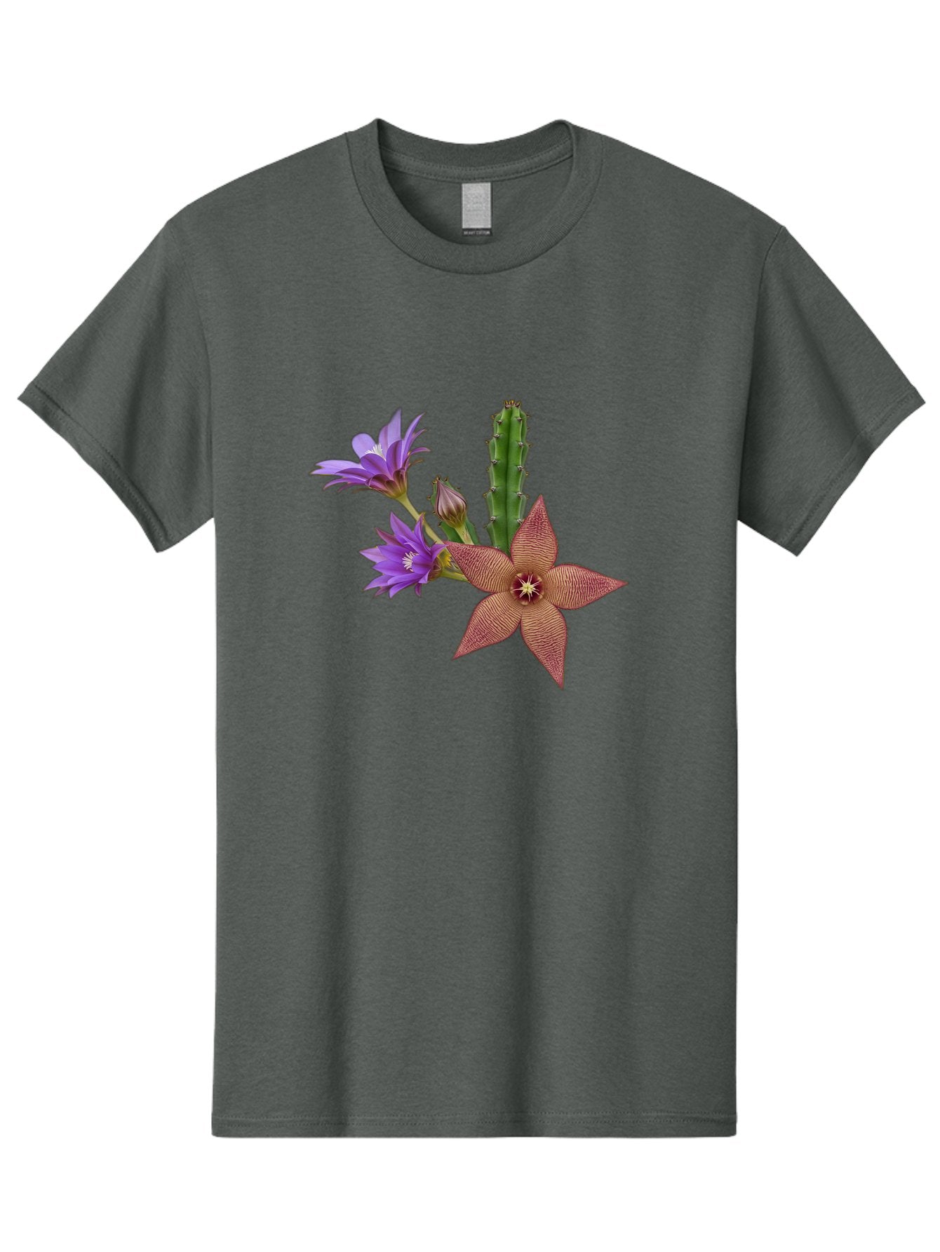 Stapelia-Grandiflora Men'S Graphic Tee, 100% Cotton, Comfortable Casual Summer Wear, Machine Washable, Starfish Cactus, Carrion Flowers, Succulent Plant, Exotic Blooms, Desert Flora, Unusual Flowers, Purple And Brown Petals, Unique Texture, Bad701 4