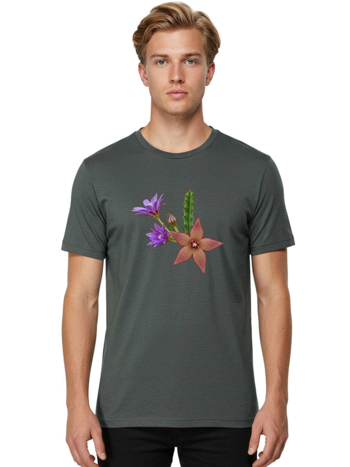 Stapelia-Grandiflora Men'S Graphic Tee, 100% Cotton, Comfortable Casual Summer Wear, Machine Washable, Starfish Cactus, Carrion Flowers, Succulent Plant, Exotic Blooms, Desert Flora, Unusual Flowers, Purple And Brown Petals, Unique Texture, Bad701 18