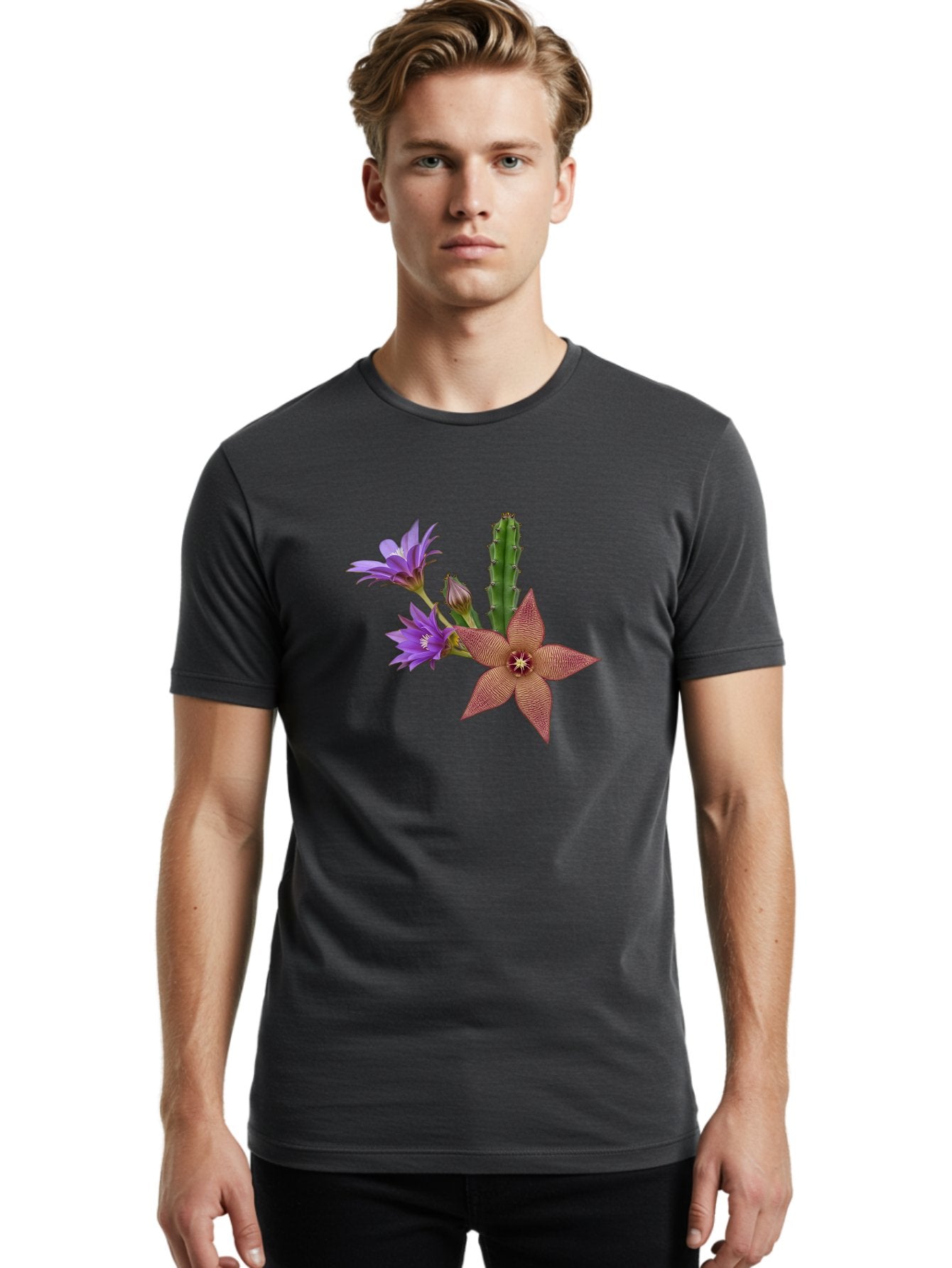Stapelia-Grandiflora Men'S Graphic Tee, 100% Cotton, Comfortable Casual Summer Wear, Machine Washable, Starfish Cactus, Carrion Flowers, Succulent Plant, Exotic Blooms, Desert Flora, Unusual Flowers, Purple And Brown Petals, Unique Texture, Bad701 24