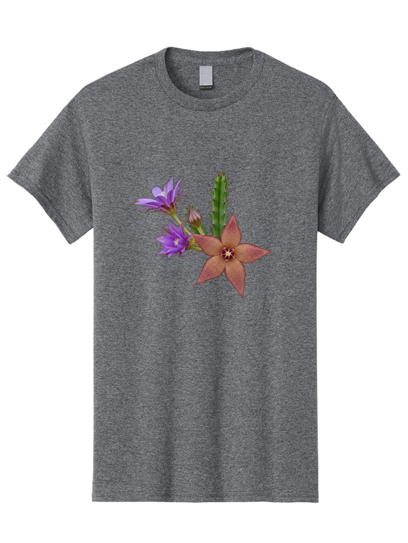 Stapelia-Grandiflora Men'S Graphic Tee, 100% Cotton, Comfortable Casual Summer Wear, Machine Washable, Starfish Cactus, Carrion Flowers, Succulent Plant, Exotic Blooms, Desert Flora, Unusual Flowers, Purple And Brown Petals, Unique Texture, Bad701