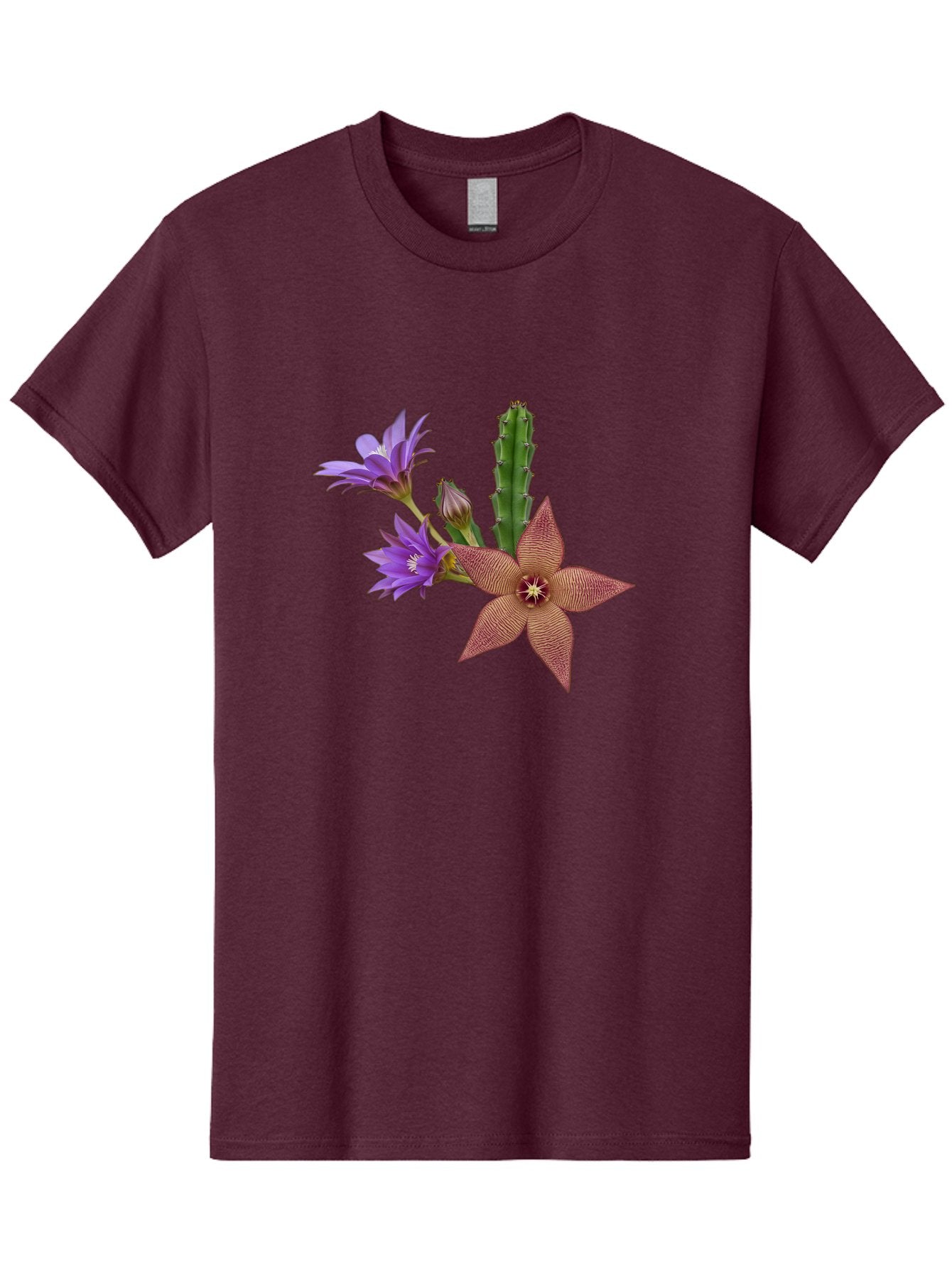Stapelia-Grandiflora Men'S Graphic Tee, 100% Cotton, Comfortable Casual Summer Wear, Machine Washable, Starfish Cactus, Carrion Flowers, Succulent Plant, Exotic Blooms, Desert Flora, Unusual Flowers, Purple And Brown Petals, Unique Texture, Bad701 9