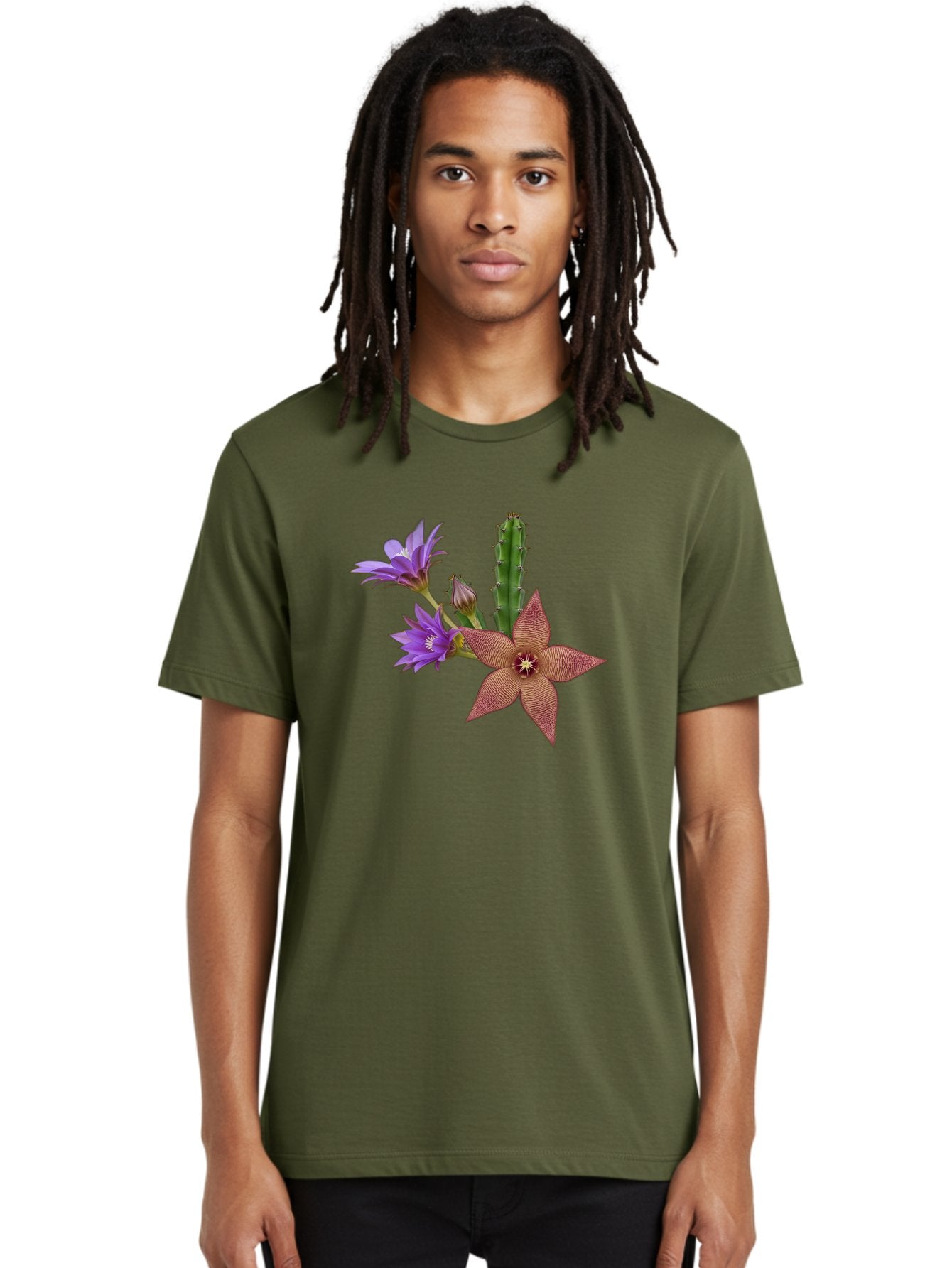 Stapelia-Grandiflora Men'S Graphic Tee, 100% Cotton, Comfortable Casual Summer Wear, Machine Washable, Starfish Cactus, Carrion Flowers, Succulent Plant, Exotic Blooms, Desert Flora, Unusual Flowers, Purple And Brown Petals, Unique Texture, Bad701 23