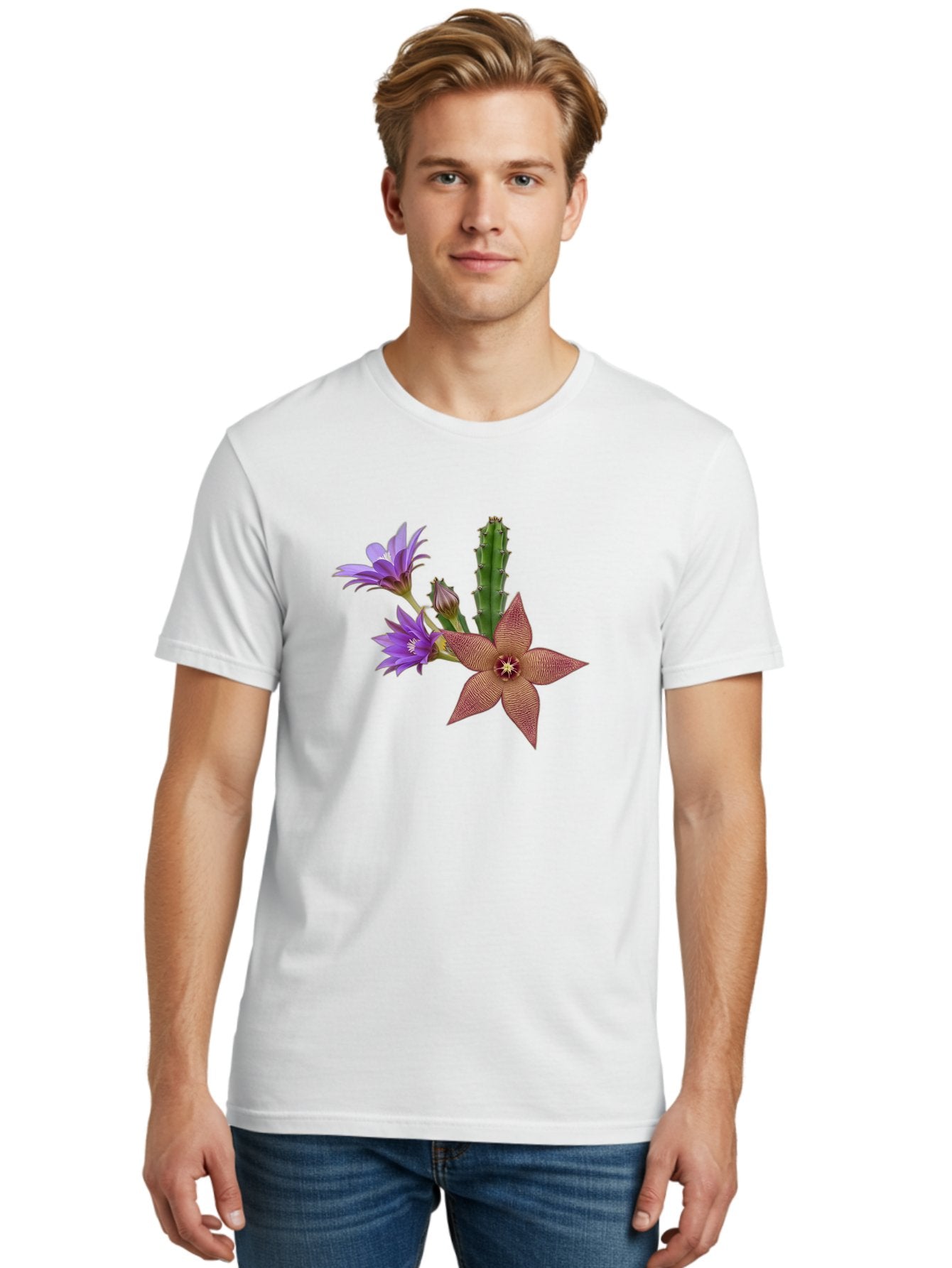 Stapelia-Grandiflora Men'S Graphic Tee, 100% Cotton, Comfortable Casual Summer Wear, Machine Washable, Starfish Cactus, Carrion Flowers, Succulent Plant, Exotic Blooms, Desert Flora, Unusual Flowers, Purple And Brown Petals, Unique Texture, Bad701 25