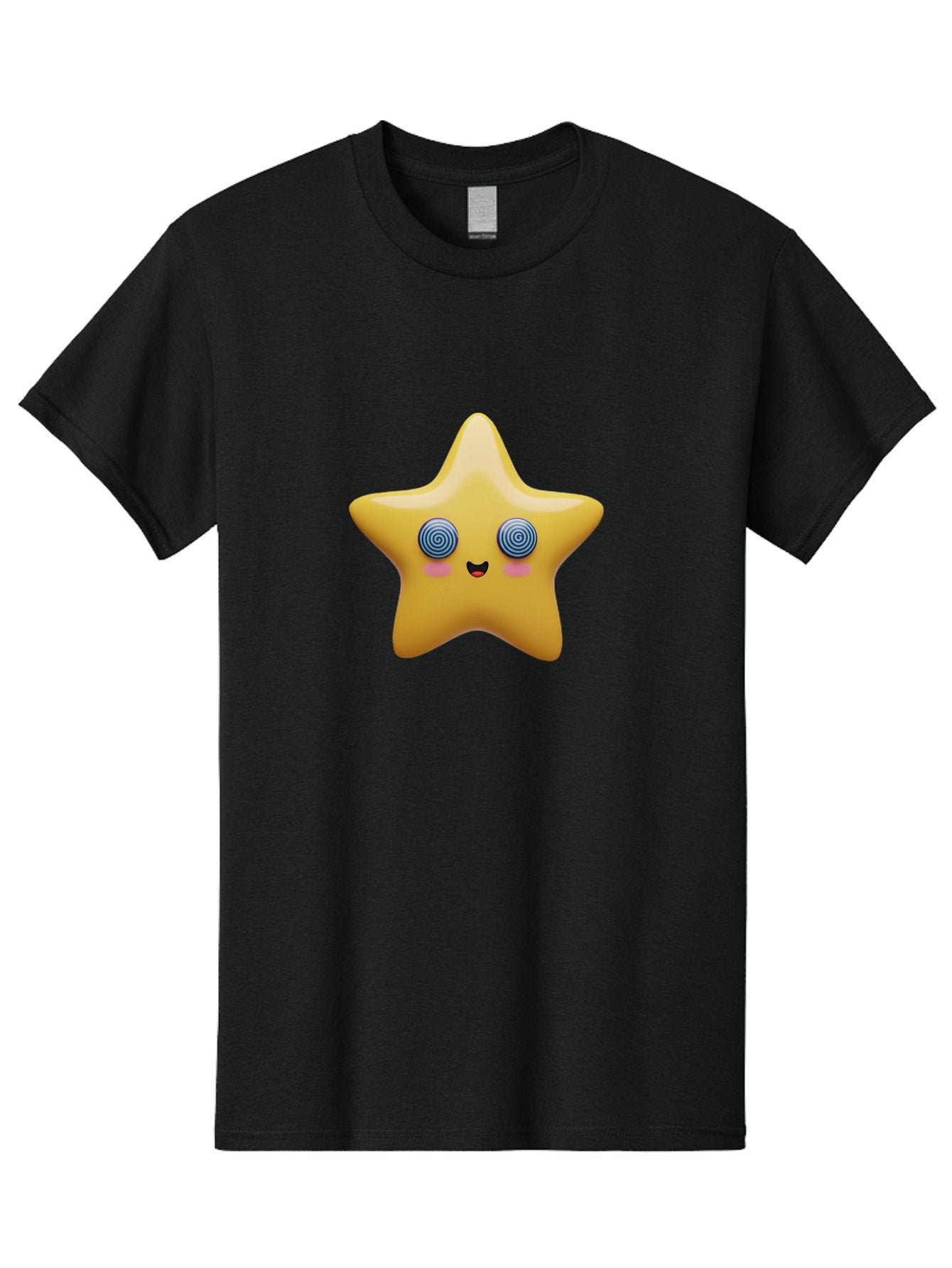 Star-Character Men'S Graphic Tee, 100% Cotton, Comfortable Casual Summer Wear, Machine Washable, Cartoon Star, Cute Face, Spiral Eyes, Smiling Mouth, Rosy Cheeks, Yellow Star, Kawaii Character, Fun Design, Playful Graphics, Bad702 4